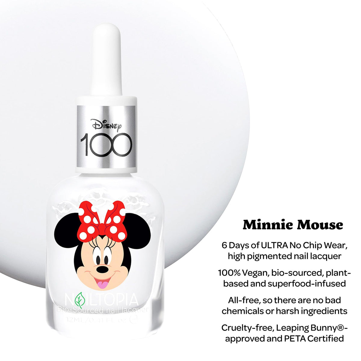Nailtopia Bio-Sourced Chip Free Nail Lacquer Disney Collection Minnie Mouse - Superfood-Infused Polish - Chip Resistant Formula - Quick-Dry, Long