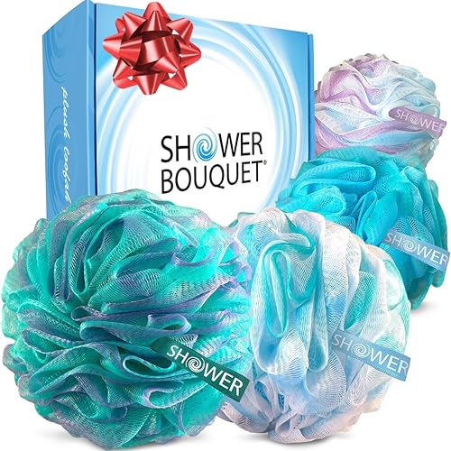 SHOWER BOUQUET Loofah-Bath-Sponge XL Swirl-Mix-Color 4-Pack // Extra-Large 75g Mesh Luffa Loofa Loufa Puff Pouf Set/Exfoliating Body Scrubber Beauty & Personal Care Shower Bouquet