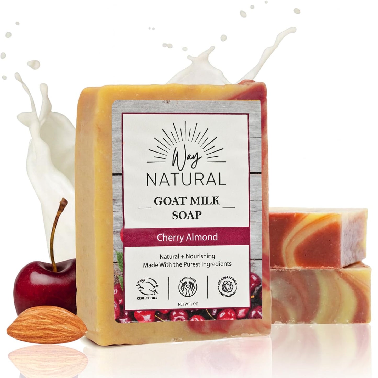 Way Natural Goat Milk Soap Bar, Cherry Almond (3 Pack) - Premium, Handmade w/Real Milk in USA - Hand & Body Goat Soap - Dry Skin, Gentle, No Dyes Beauty & Personal Care Way Natural