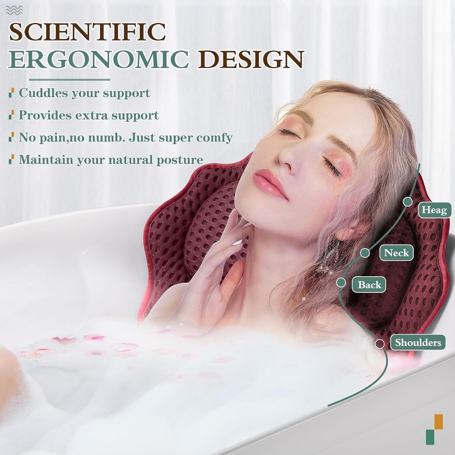 Bath Pillow RUVINCE Ergonomic Luxury Bathtub Pillow with Head,Neck, Shoulder and Back Support, 4D Bath Pillows for tub with 6 Powerful Suction Cups Beauty and Personal Care RUVINCE