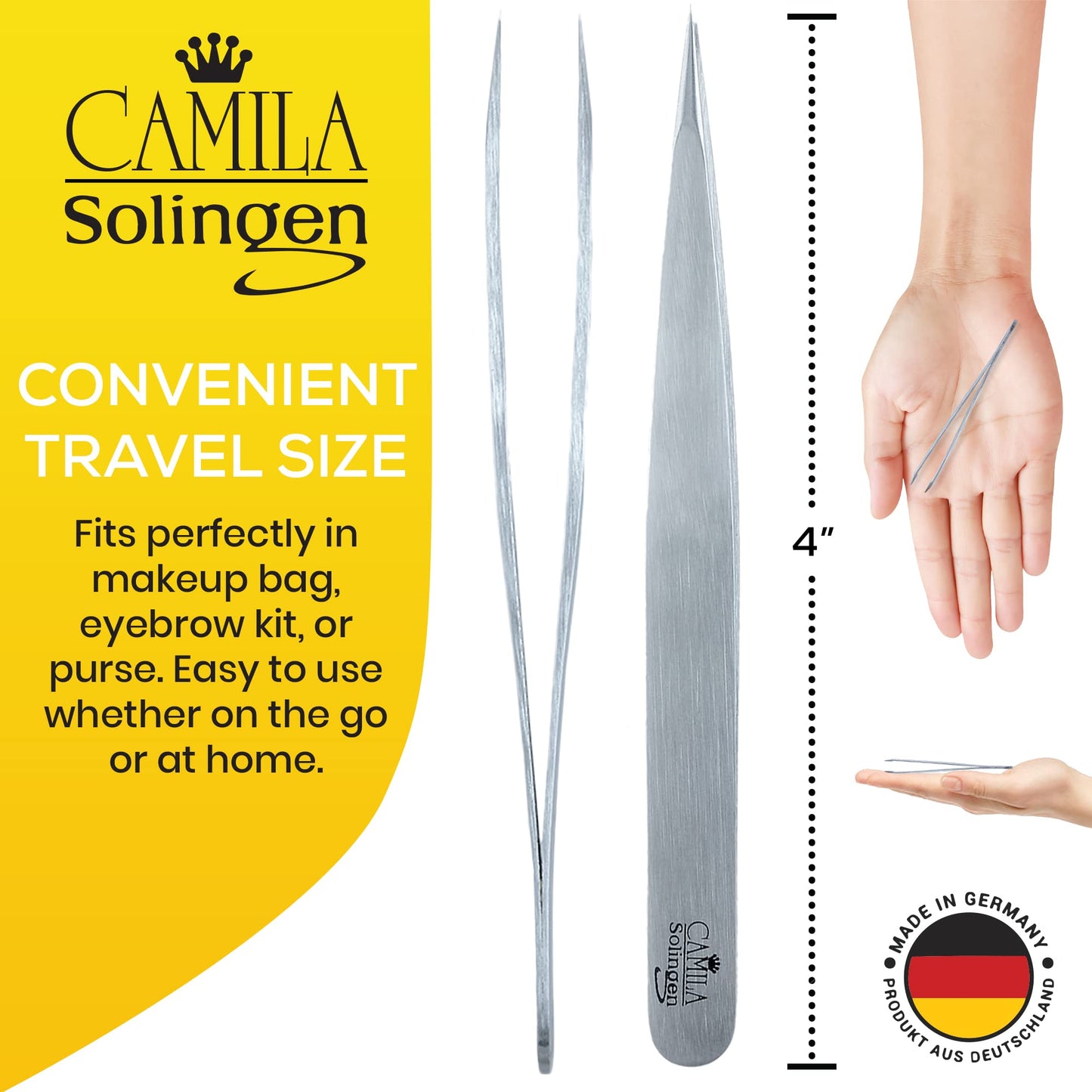 Camila Solingen CS27 4" Professional Surgical Grade Stainless Steel Precision Tip Eyebrow Tweezers for Facial Hair Shaping & Removal. Beauty Tool Beauty and Personal Care Camila Solingen