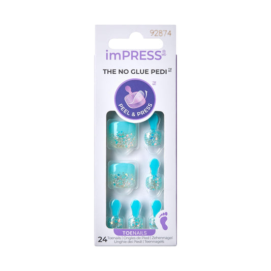 KISS imPRESS No Glue Pedi Press-On Nails, Design, 'Last Flowers', Medium Blue, Short Size, Squoval Shape, Includes 24 Nails, Prep Pad, Instructions