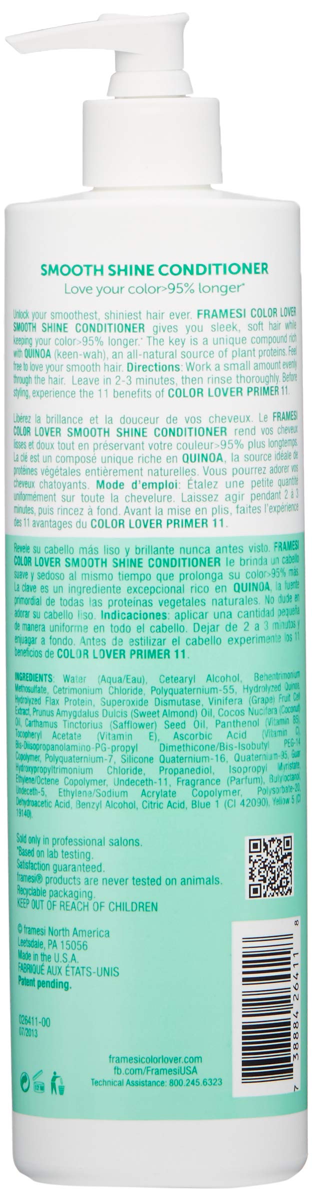 FRAMESI Color Lover Smooth Shine Conditioner, 16.9 fl oz, Sulfate Free Conditioner with Coconut Oil and Quinoa, Color Treated Hair Beauty & Personal Care FRAMESI