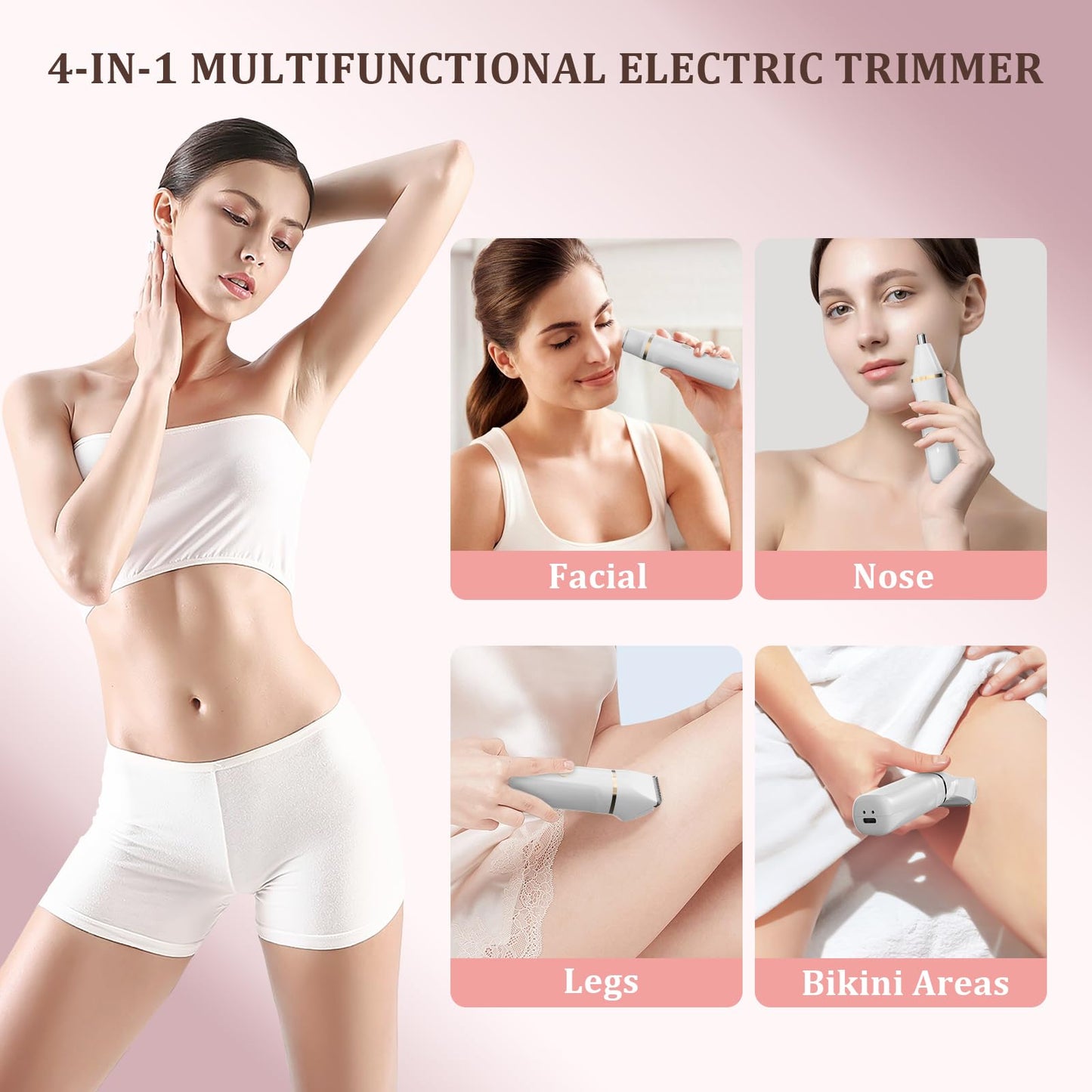 4-in-1 Electric Bikini Trimmer for Women - Painless Electric Razors for Facial/Body/Armpit/Pubic Hair, IPX7 Waterproof Replaceable Shaver Head & Nose Beauty and Personal Care Arikit
