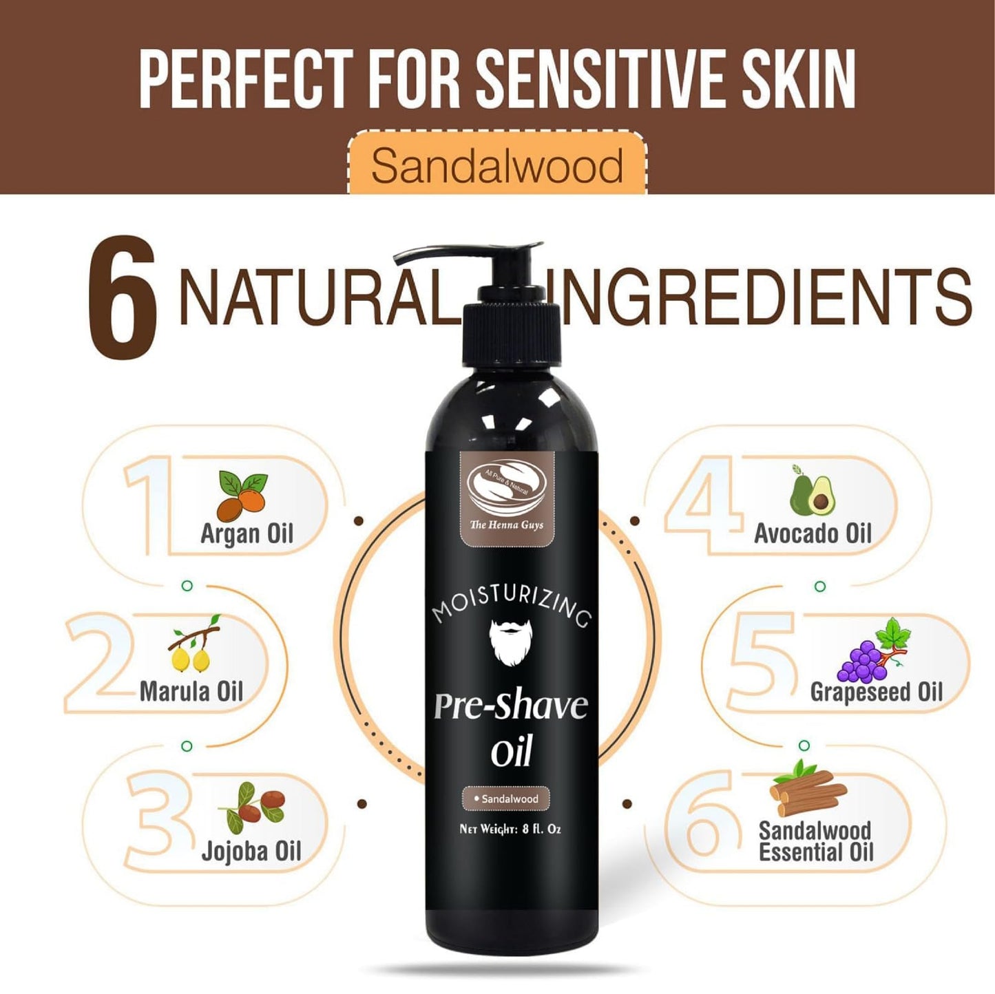 The Henna Guys 8 fl. Oz Pre-Shave & Beard Conditioning Oil for Men, Sandalwood Scent, with Jojoba, Argan, & Marula Oils, Free from Ammonia, Sulfate Beauty and Personal Care The Henna Guys