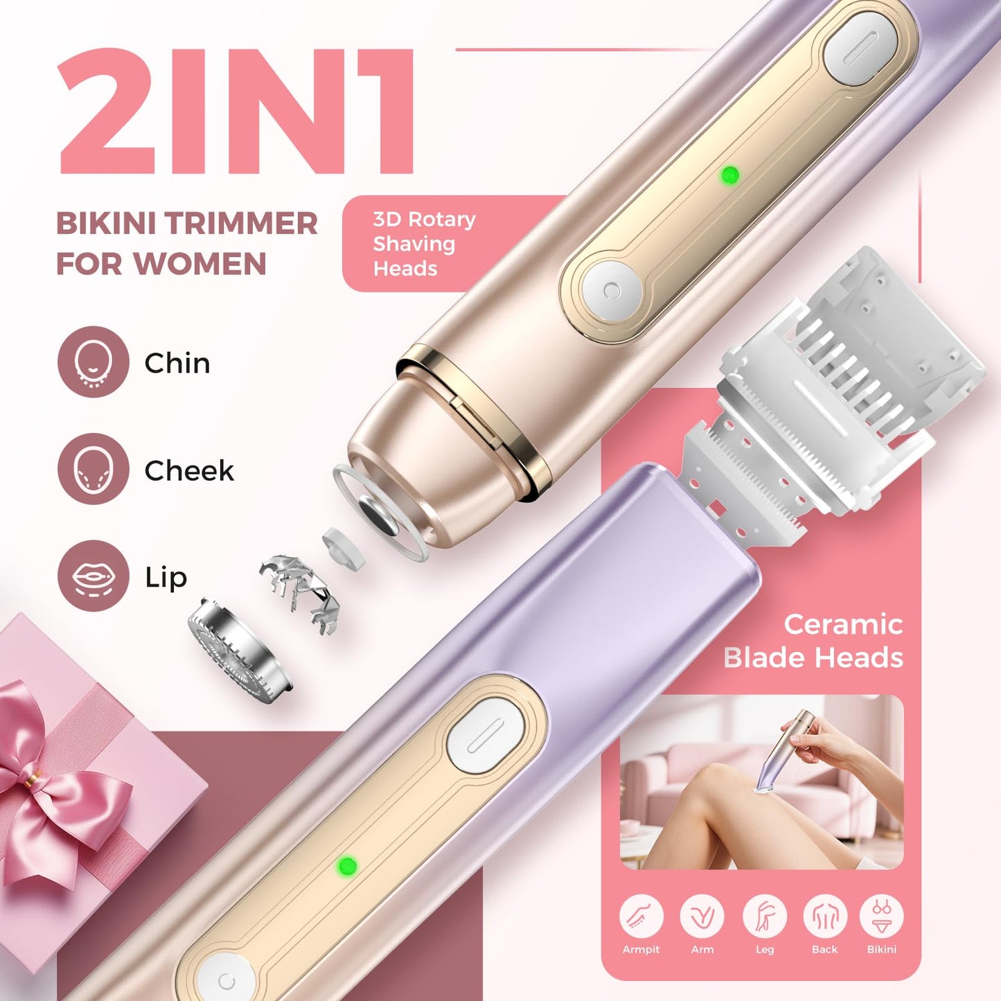 Bikini Trimmer for Women, 2-in-1 Electric Razor for Pubic Hair & Body - Painless Wet/Dry Shaver with IPX7 Waterproof, Rechargeable Cordless Groomer Beauty and Personal Care PVBKZ