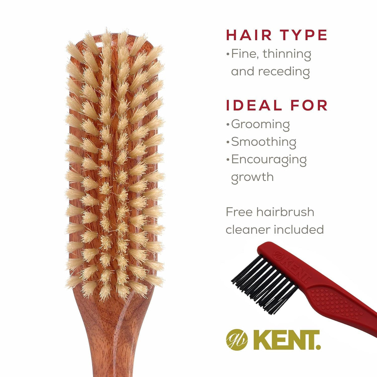 Kent DA4S Finest Women's Danta Wood, Soft White Bristle, Narrow Grooming Hair Brush - Fine or Thinning Hair, Promotes Shine/Stimulates Scalp