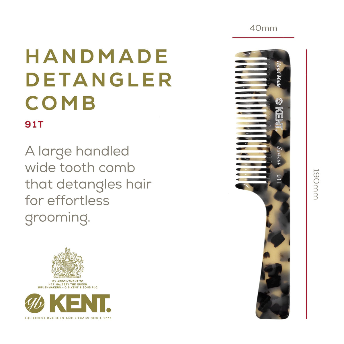 Kent 91T TW Detangler Comb for Women, Wide Tooth Hair Comb for Curly and Wavy Hair - for use in Dry or Wet Hair, Large Handle Shower Comb for