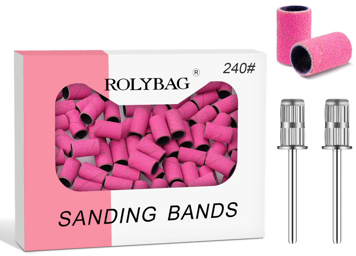 Rolybag Sanding Bands for Nail Drill, 240 Grit Sanding Bands Include 100 Fine Grit Sanding Band and 2 Pcs Mandrel Bit for 3/32" Nail Drill Machine Beauty & Personal Care Rolybag