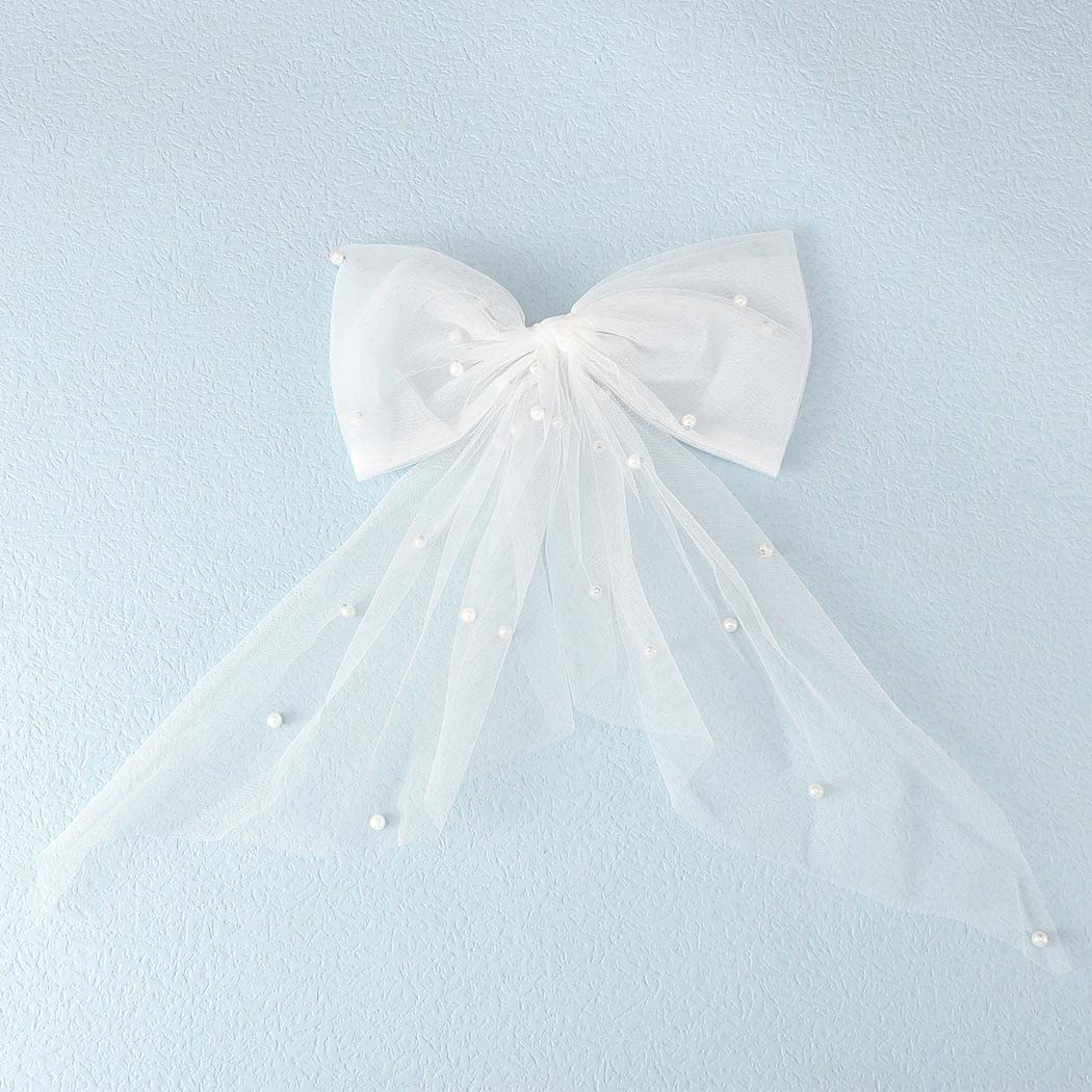 JEAIRTS Bridal Hair Bow Veil Pearl Wedding Hair Piece White Tulle Bow with Clip Bachelorette Party Hair Accessories for Women Beauty & Personal Care JEAIRTS