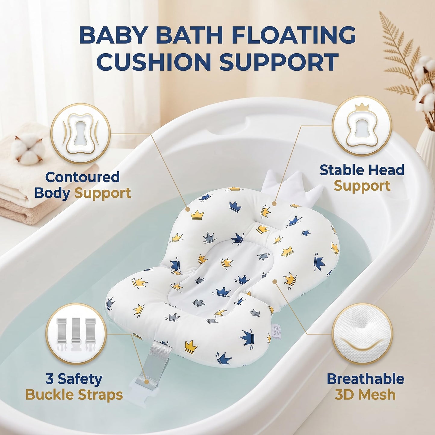 EVGATSAUTO Baby Bath Support Cushion Infant Bath Pillow Newborn Bath Mat with 3 Buckle Safety Straps for Bathtub 0-12 Months Pattern Beauty and Personal Care EVGATSAUTO
