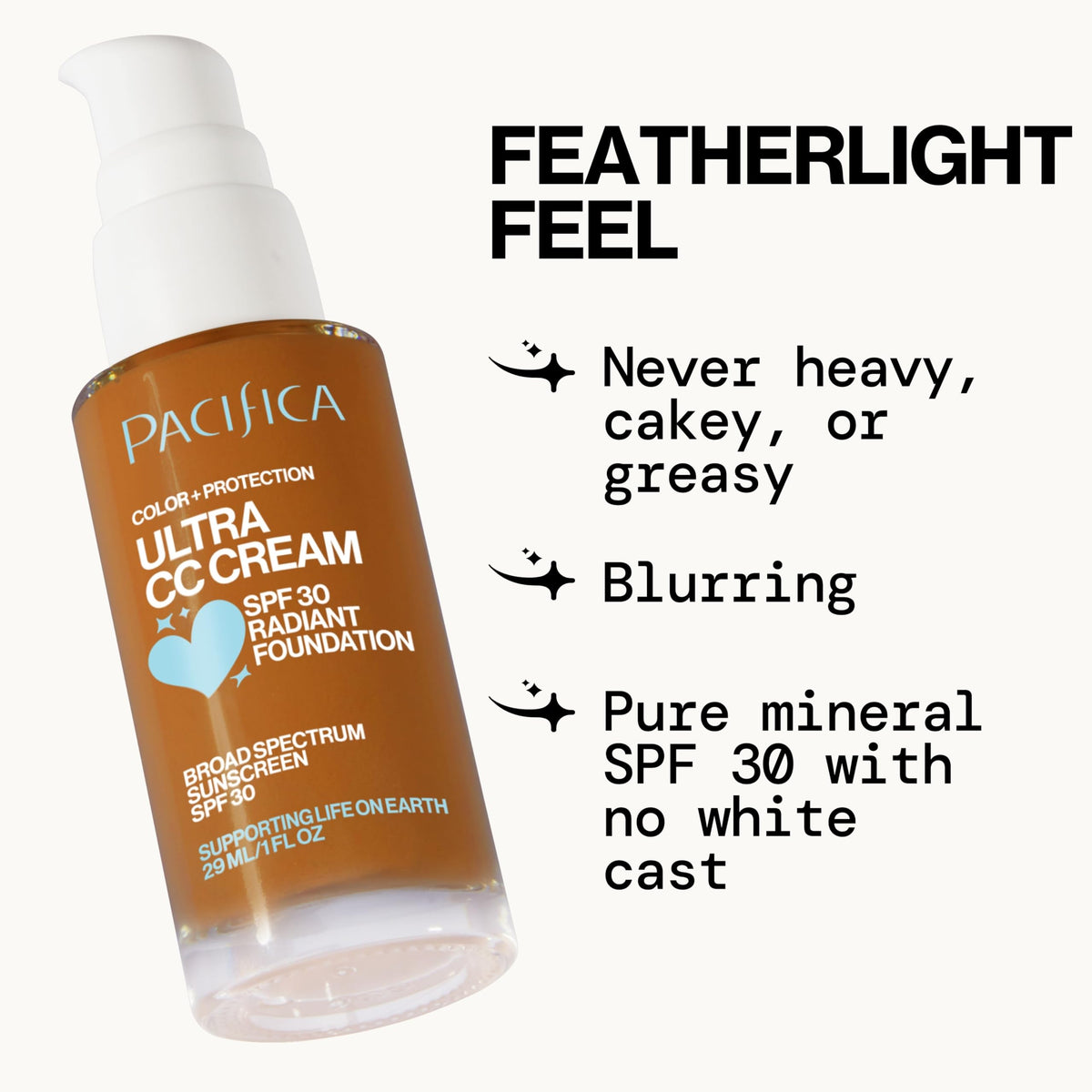 Pacifica Ultra CC Cream Radiant Foundation SPF 17 - Warm-Tan - Medium Coverage Color Correcting Foundation, Dewy Finish, Mineral SPF, 1 oz