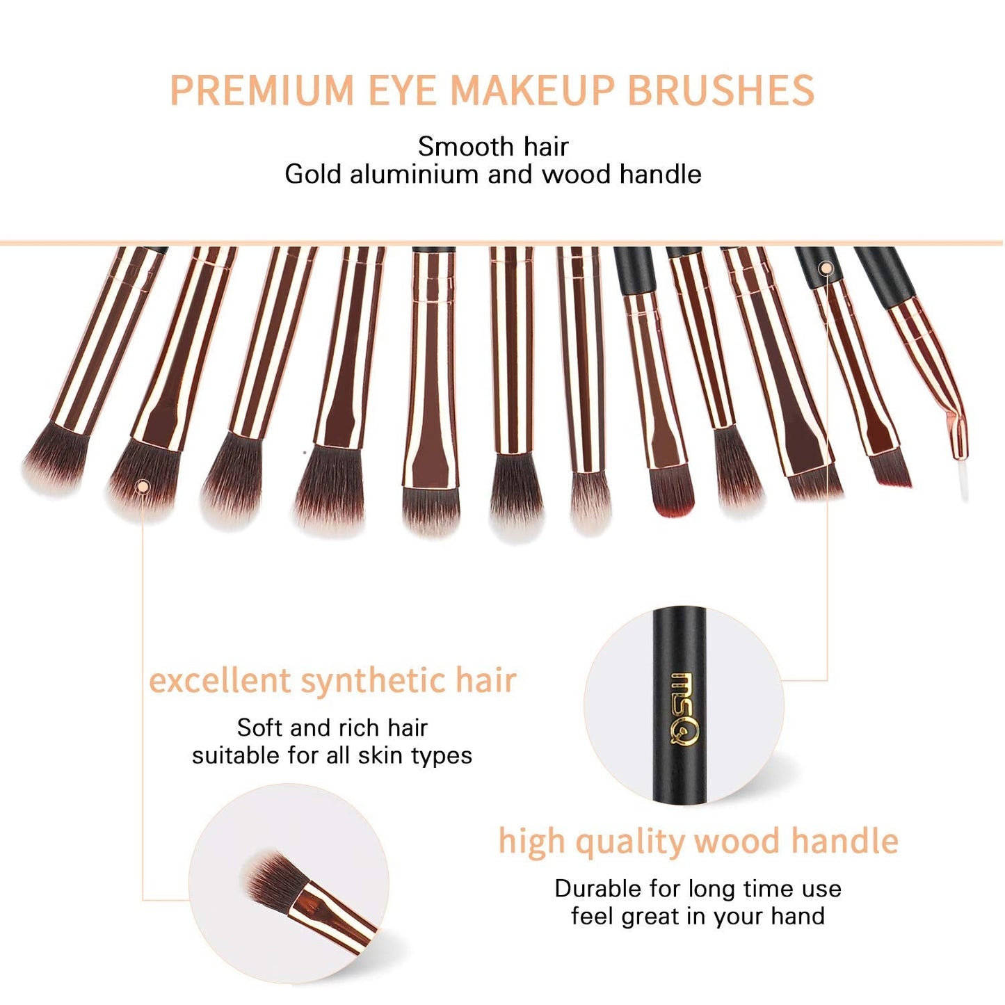 MSQ Eye Makeup Brushes 12pcs Rose Gold Eyeshadow Makeup Brushes Set with Soft Synthetic Hairs & Real Wood Handle for Eyeshadow, Eyebrow, Eyeliner Beauty & Personal Care MSQ