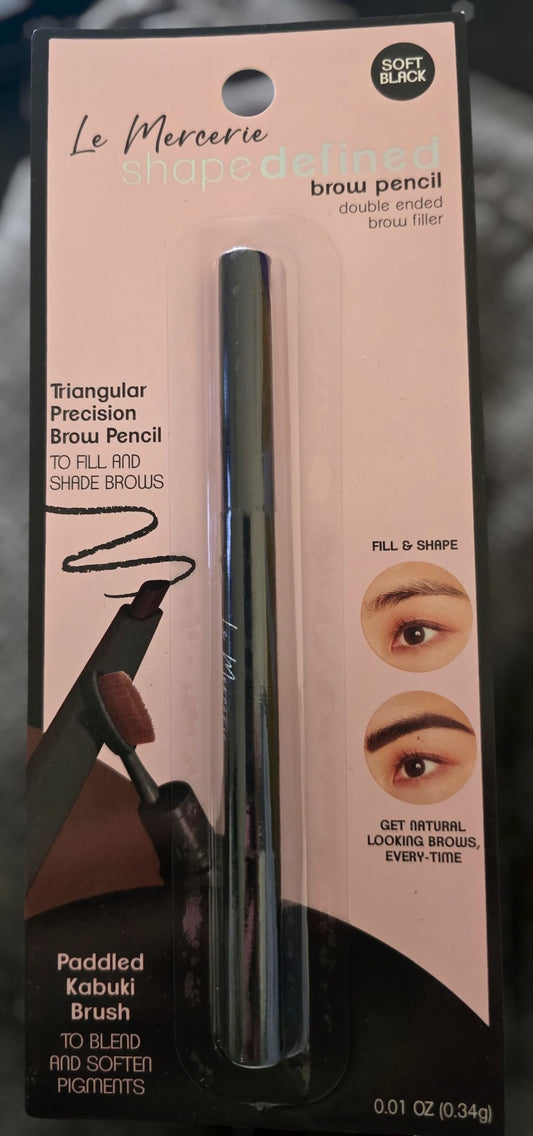 Le Mercerie Shape Defined Brow Pencil, Soft Black, Double Ended Brow Filler with Paddle Kabuki Brush, 0.01 oz