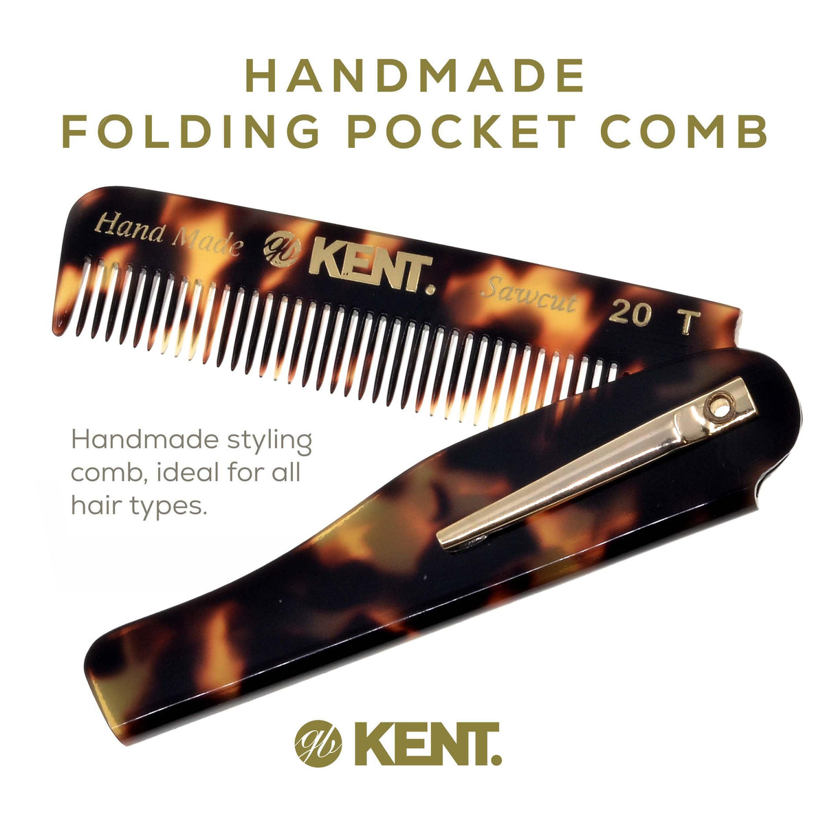 Kent 20T TY Handmade Folding Pocket Comb for Men, Fine Tooth Hair Comb Straightener for Everyday Grooming Styling Hair, Beard or Mustache, Use Dry or