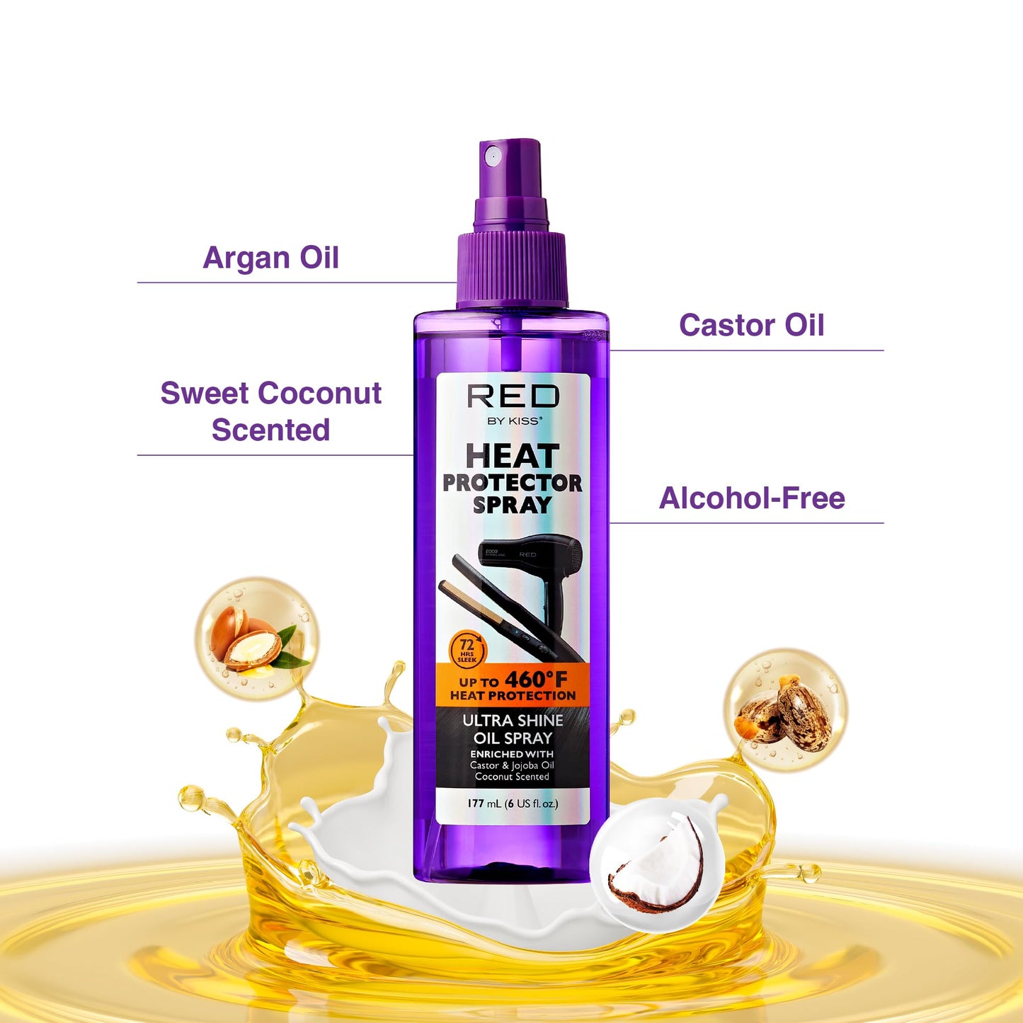 Red by Kiss Heat Protector Ultra Shine Oil Spray - Thermal Protection up to 460°F, Anti-Frizz, Hydration, and Strength for Hair (6 Fl Oz) - Style Beauty & Personal Care Red by Kiss