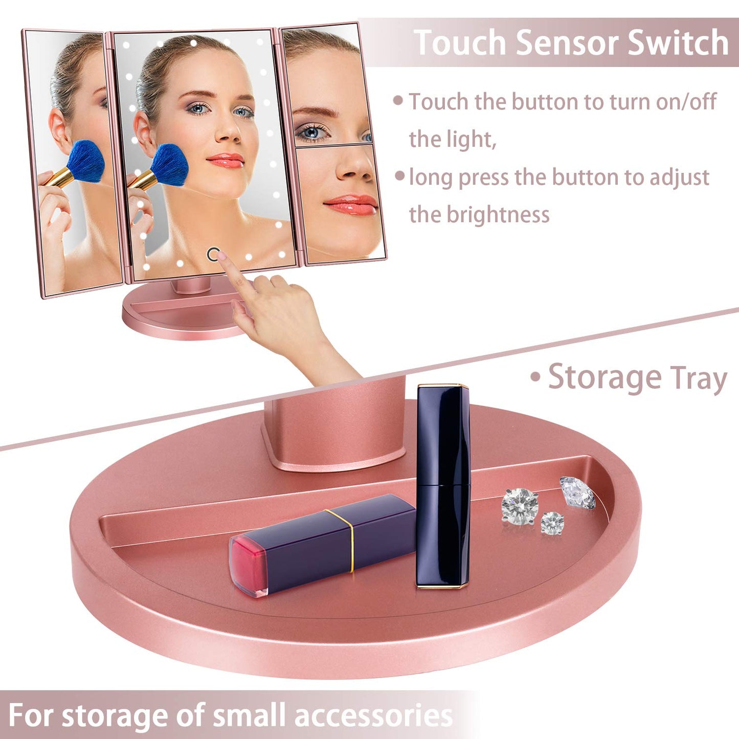 deweisn Dresser Mount Tri-Fold Lighted Vanity Mirror with 21 LED Lights, Touch Screen and 3X/2X/1X Magnification, Two Power Supply Modes Make Up Beauty and Personal Care deweisn