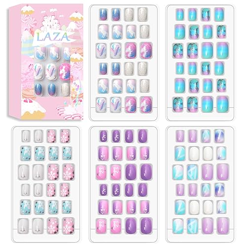 Laza 120pcs Children Nails Press On Pre-glue Full Cover Nail Tips Kit Glitter Gradient Color Rainbow Short Artificial False Nail Kits Lovely Christmas Beauty & Personal Care Laza