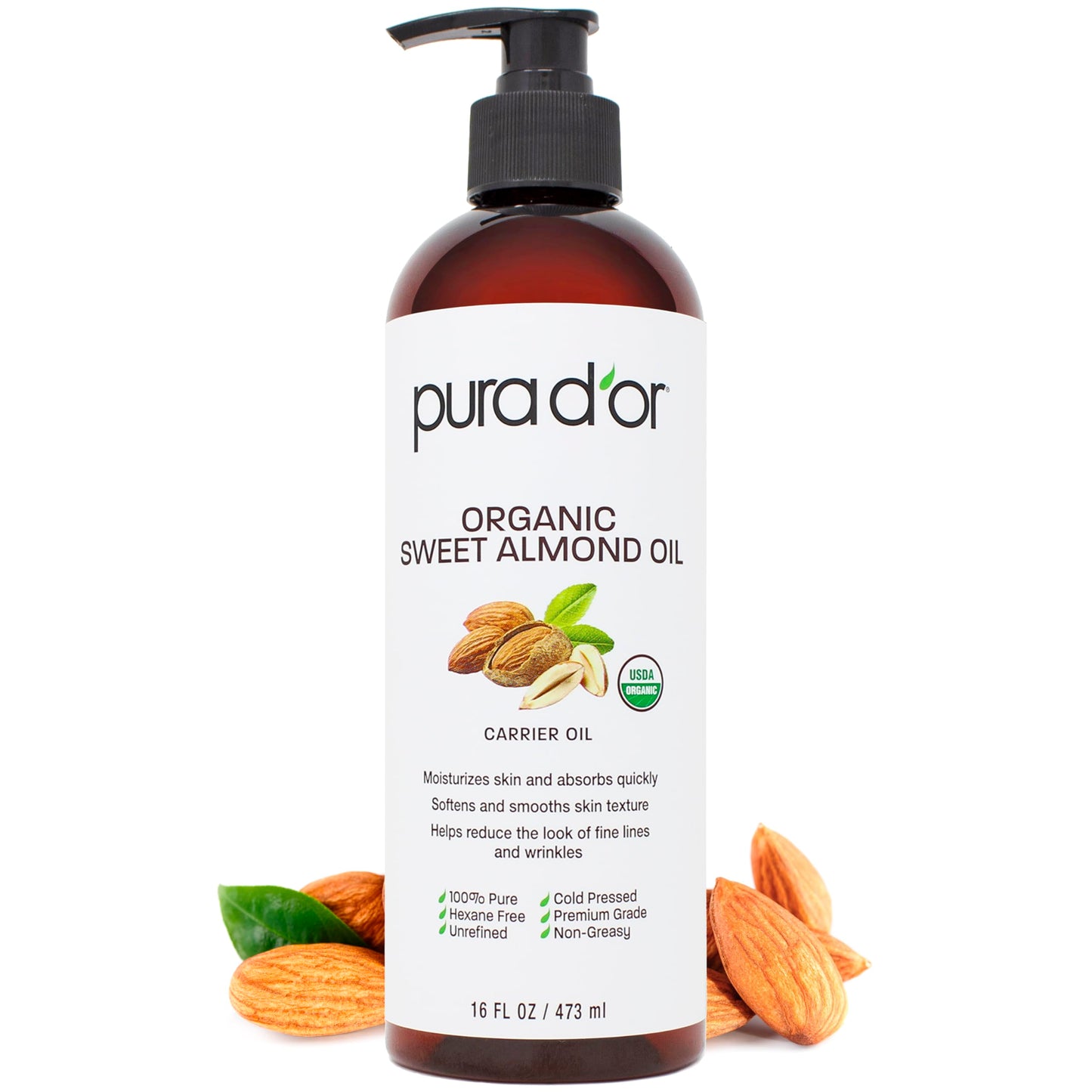 PURA D'OR ORGANIC Sweet Almond Oil, Pure Carrier Oil for Hair & Skin, 16 Oz Beauty & Personal Care PURA D'OR