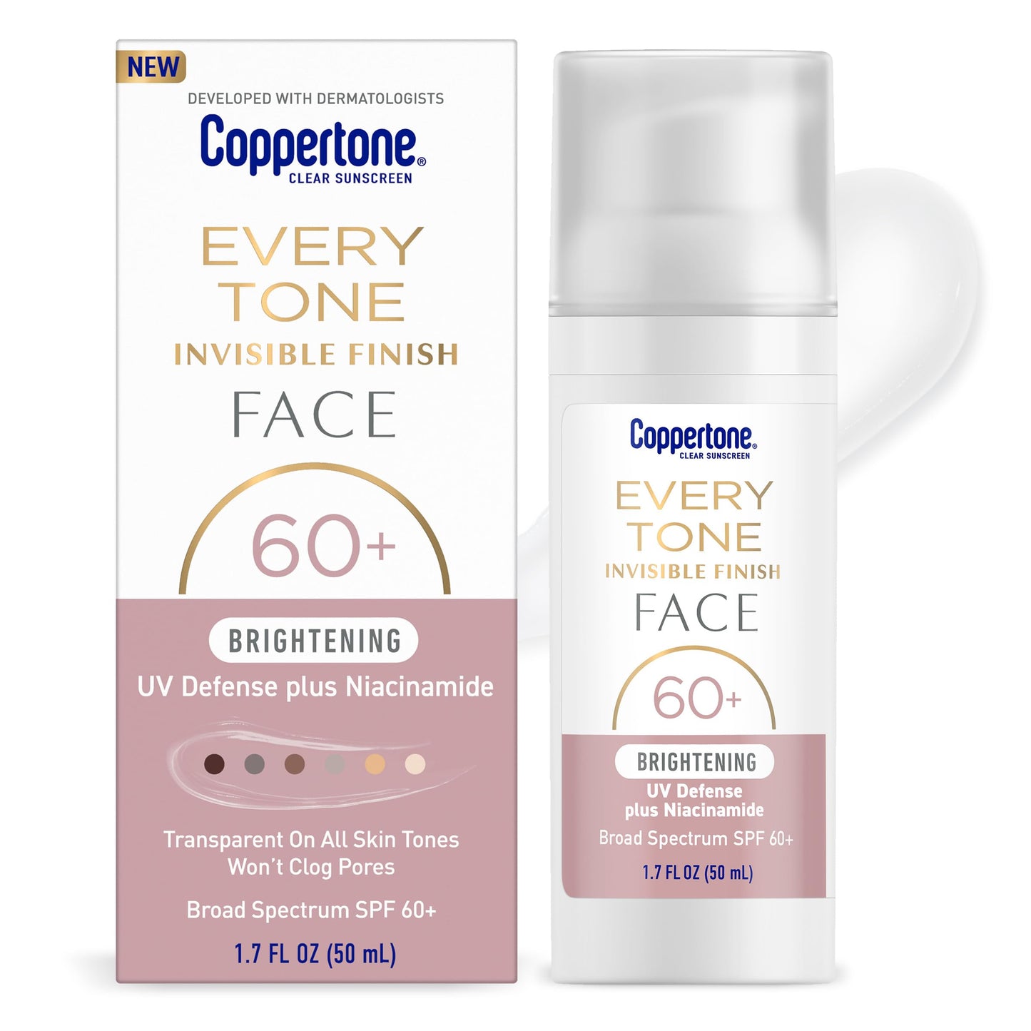 Coppertone Every Tone Invisible Finish Brightening UV Defense Face Sunscreen SPF 60+ with Niacinamide, Lightweight, Blends in Clear Sunscreen for All Beauty & Personal Care Coppertone