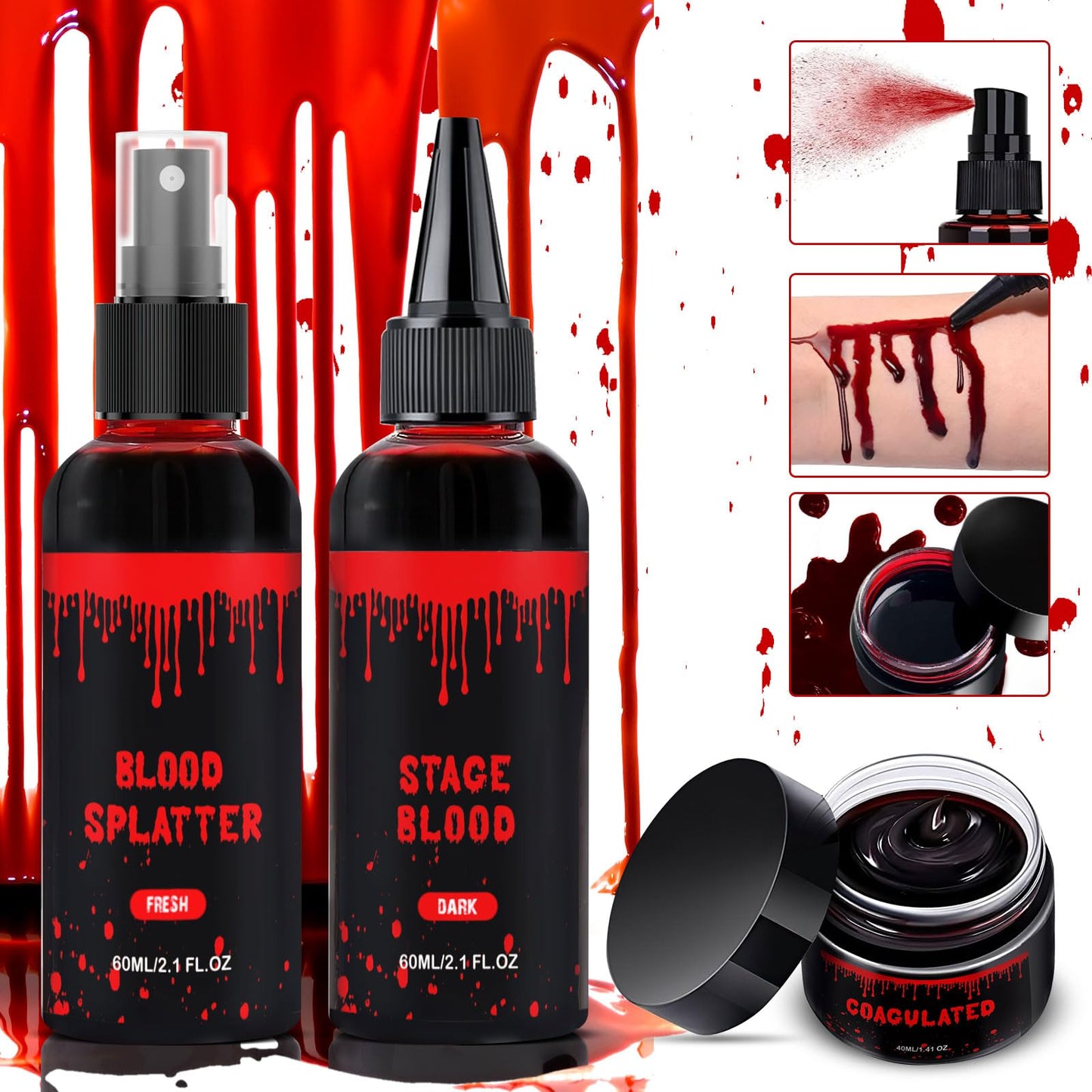 Halloween Fake Blood Makeup Kit 3PCS, Blood Spray 2.1oz, Dripping Blood 2.1oz, Coagulated Gel 1.41oz, Washable SFX Makeup Set for Vampire Zombie Beauty & Personal Care LIMUIKA