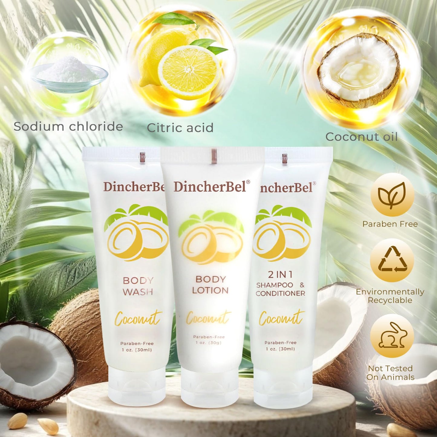 Travel Size Toiletries Kits, Bulk Mini Hotel Guest Amenities (Tropical Coconut, 1oz each), 3-Piece Sets Refreshing Coconut Scent - 50 Shampoo Beauty & Personal Care DincherBel