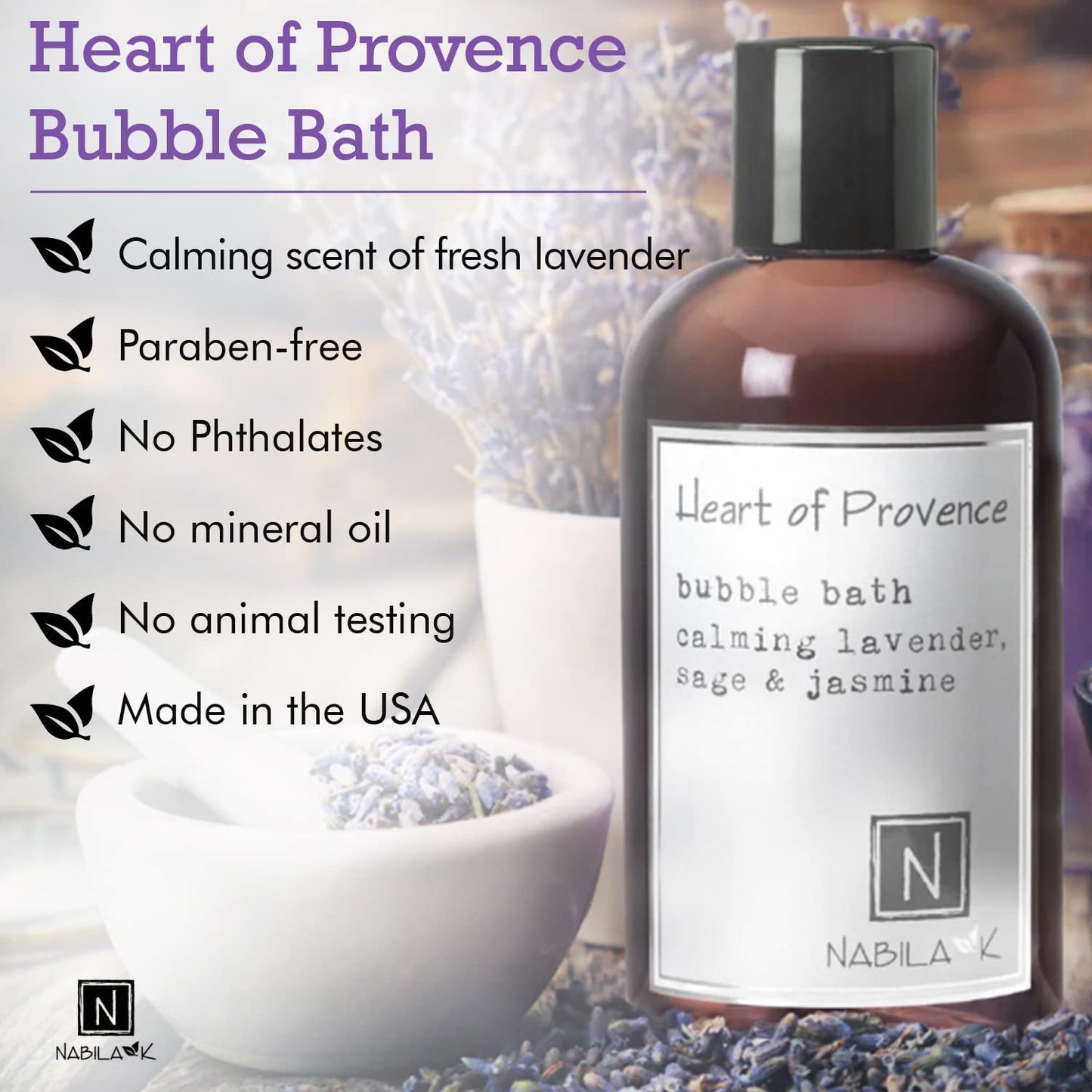 Nabila K Heart of Provence Bubble Bath with Lavender, Sage & Jasmine - Natural & Organic, Sulfate-Free, Tear-Free - Luxury Aromatherapy Bath Soak Beauty and Personal Care Nabila K