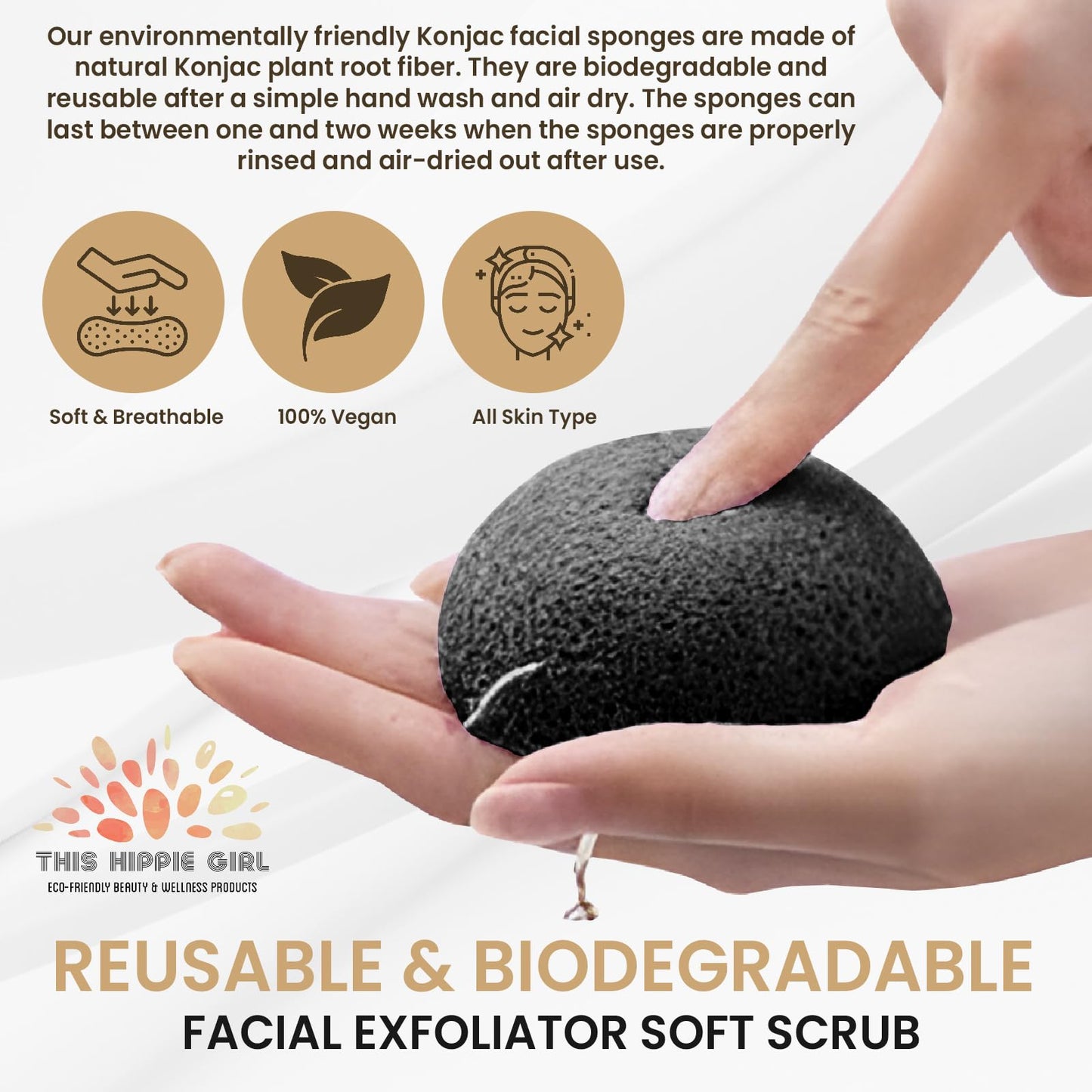 This Hippie Girl | Konjac Exfoliating Organic Facial Sponge | Plant Based Gentle Exfoliating Face Scrubbie | Acne Control Sponge | Charcoal Black Beauty & Personal Care Boho Aromatic