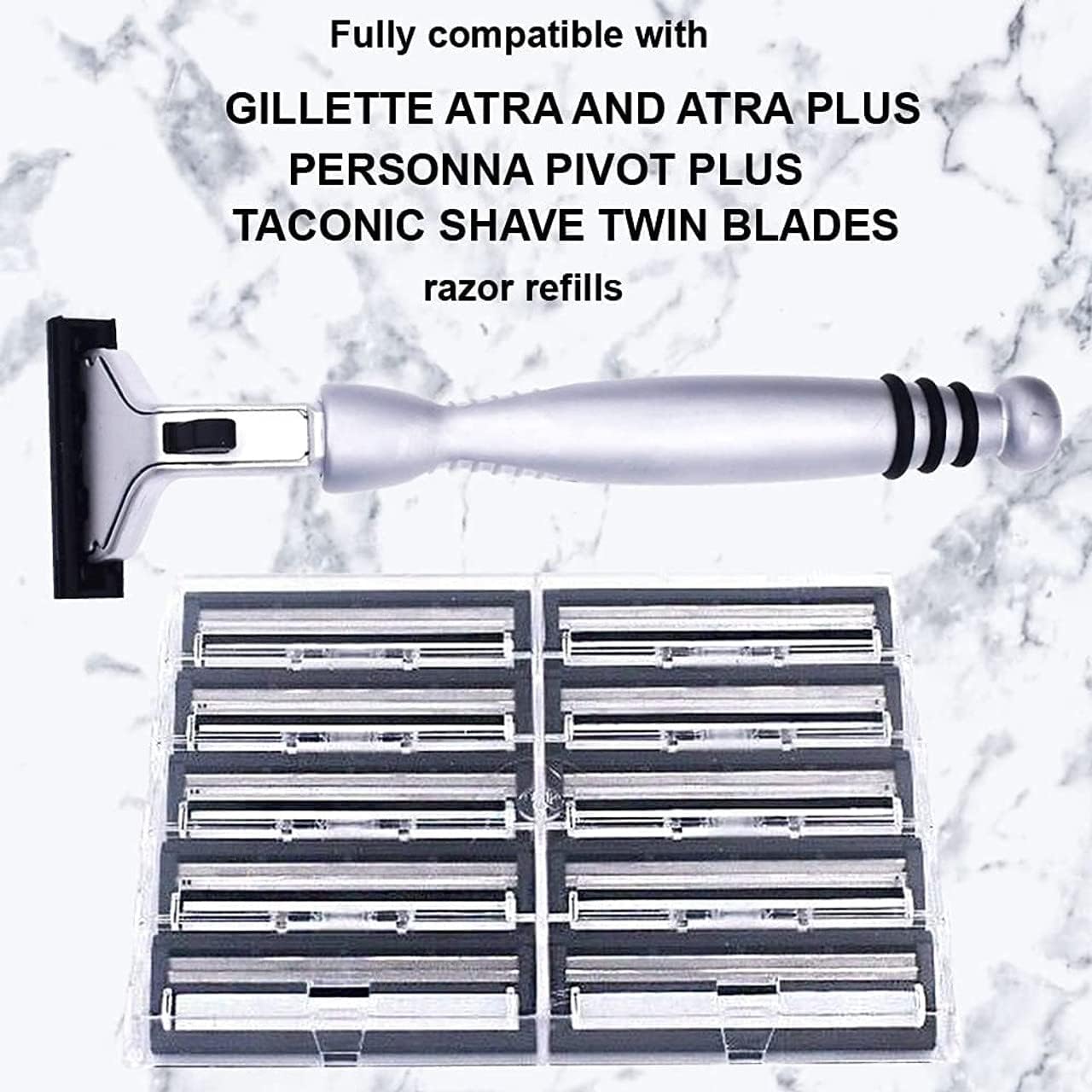 Taconic All?Metal Heavyweight Chrome Razor - Gillette® Atra-Compatible Twin Blade Handle with 10 Pivot Plus Personna Blades, Ergonomic Grip, Durable Beauty and Personal Care Taconic Shave