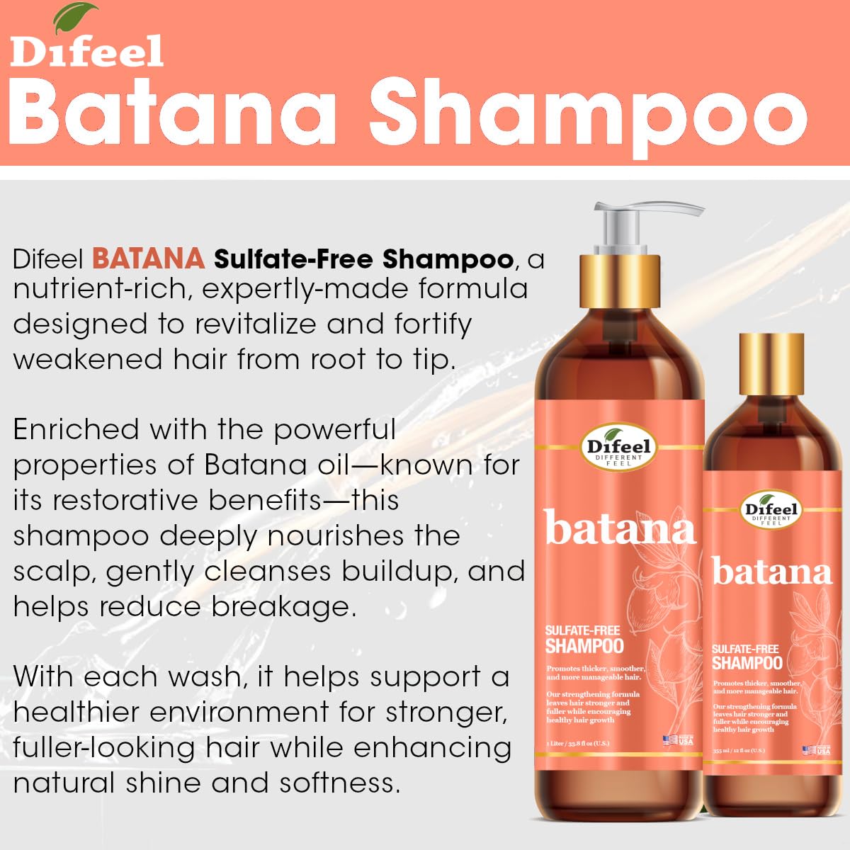 Difeel Batana Shampoo 12 Ounces - Strengthening Sulfate Free Shampoo for Thicker, Smoother and more Manageable Hair