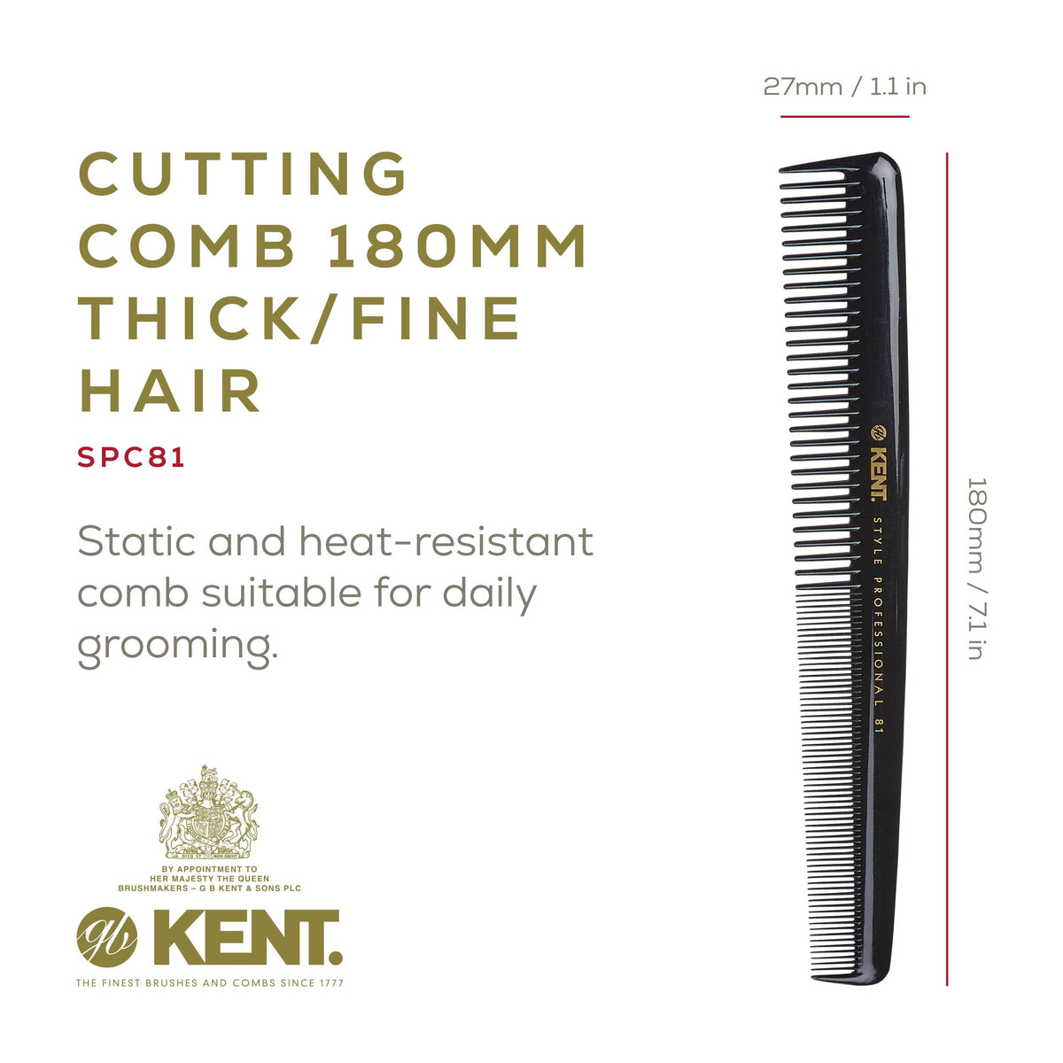 Kent SPC81 Salon-Style Dressing Cutting Comb with Wide and Fine Teeth - Professional Barber Haircut Comb for Styling and Teasing for All Hair Types -