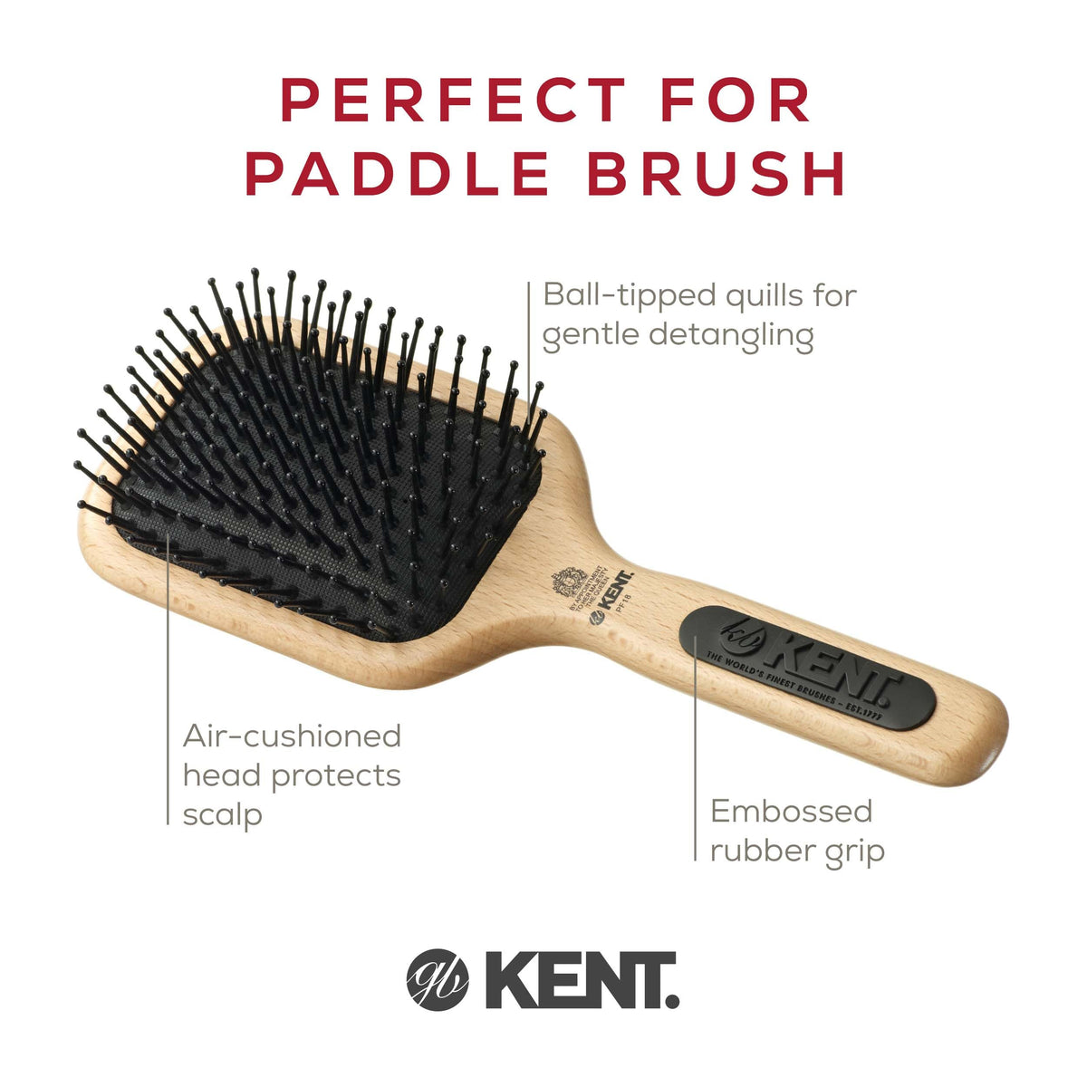 Kent PF18 Medium Cushion Paddle Brush - Detangling for Fine, Long, Thick and Curly Hair, Scalp Massager and Growth Stimulator, Wet or Dry Use. Made in