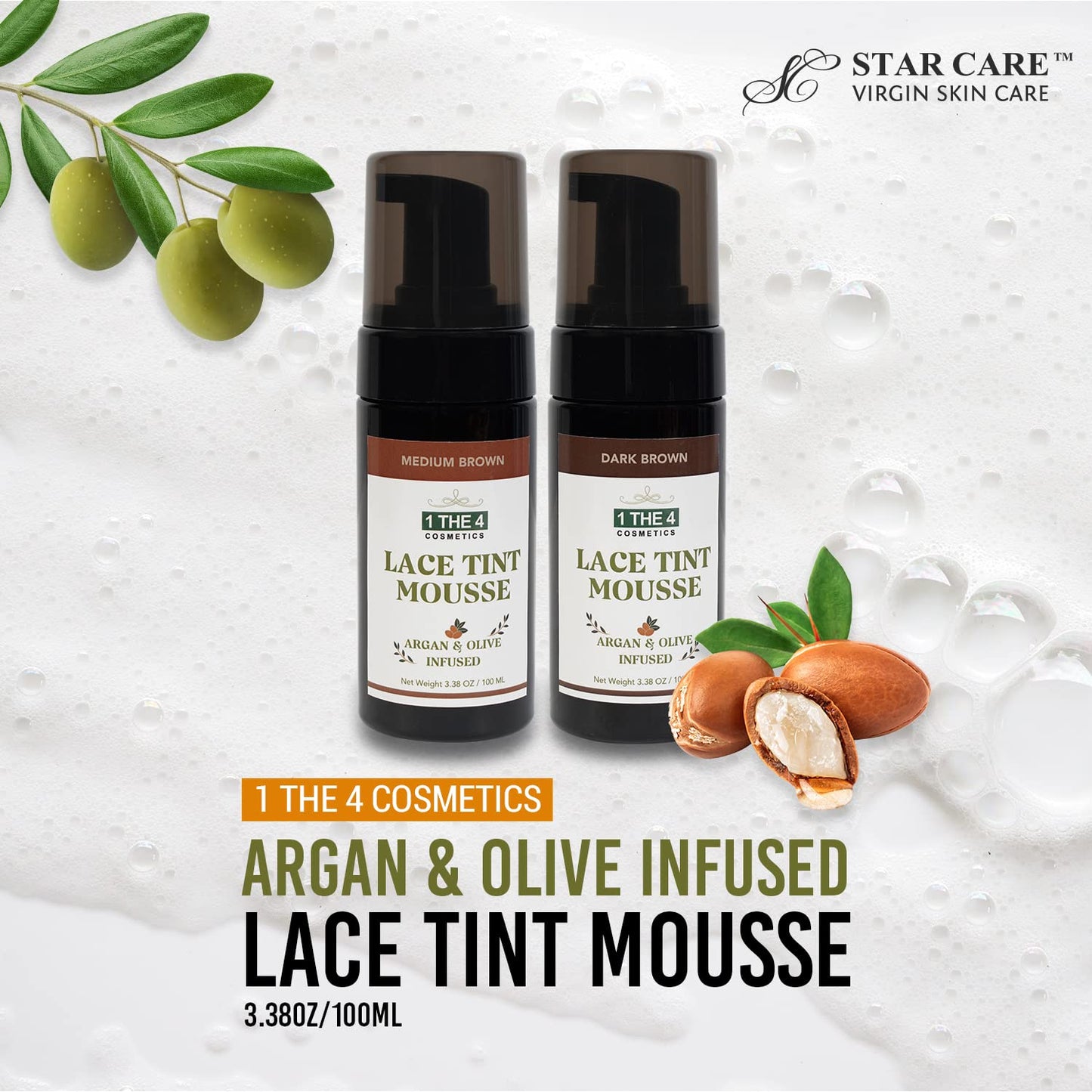 STAR CARE 1 THE 4 Cosmetics Argan & Olive Infused Lace Tint Mousse 3.38oz/ 100ml Concealer Tinted Mousse for Lace Wigs Hair Wigs Perfect Match Your Beauty & Personal Care STAR CARE