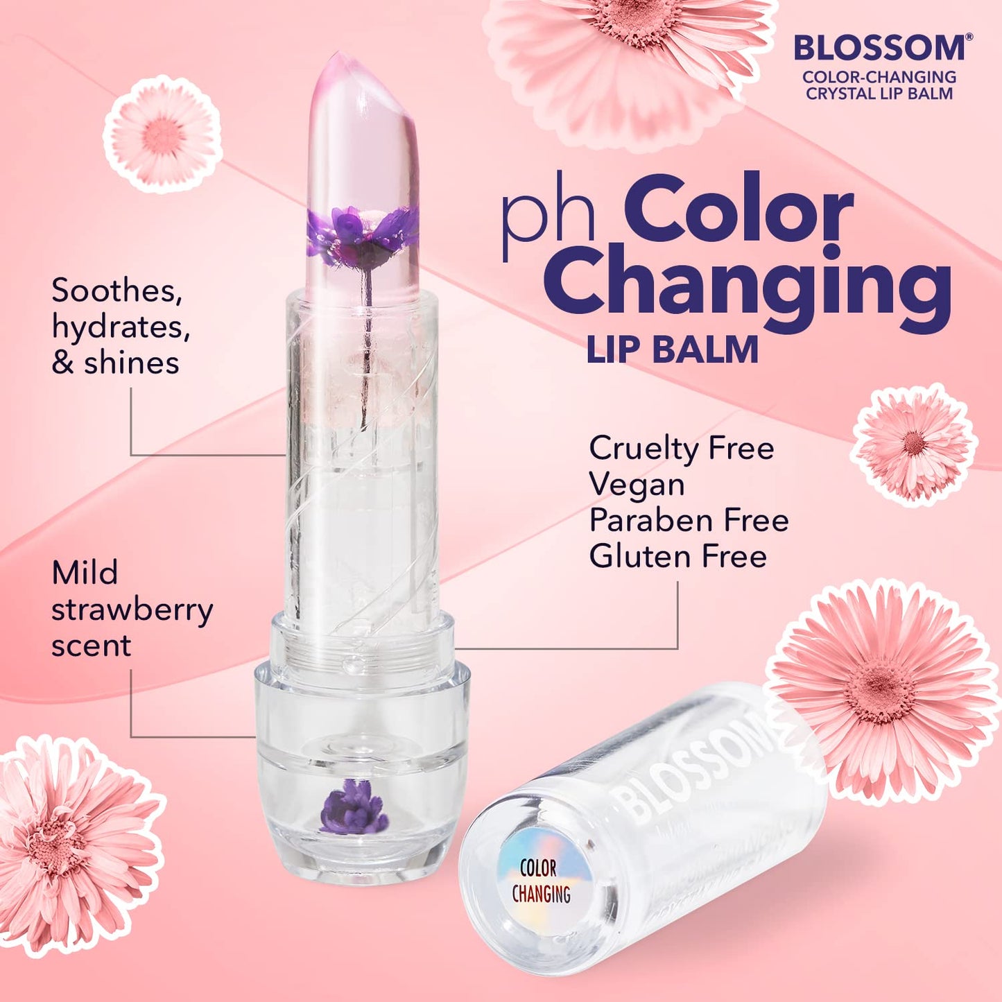 Blossom Moisturizing Scented pH Color Changing Crystal Lip Balm Strawberry Scented Lip Stain Tint, Mini Coconut Rollon Scented Lip Gloss, Infused Beauty & Personal Care Blossom
