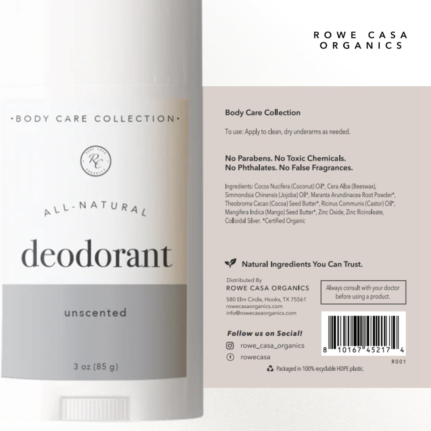 Rowe Casa Organics Unscented Natural Aluminum Free Deodorant for Men and Women, Fragrance-Free and Paraben-Free Deodorant Stick with Therapeutic-Grade Beauty and Personal Care Rowe Casa Organics