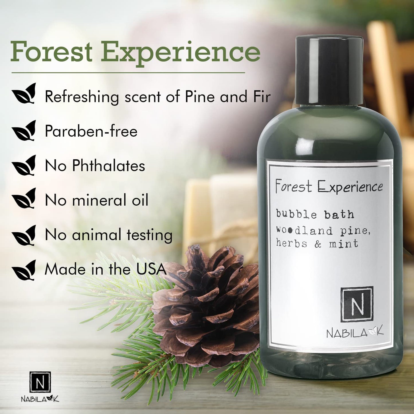 Nabila K Forest Experience Bubble Bath with Pine, Herbs & Mint - Natural & Organic, Sulfate-Free, Tear-Free - Luxury Aromatherapy Bath Soak Beauty and Personal Care Nabila K