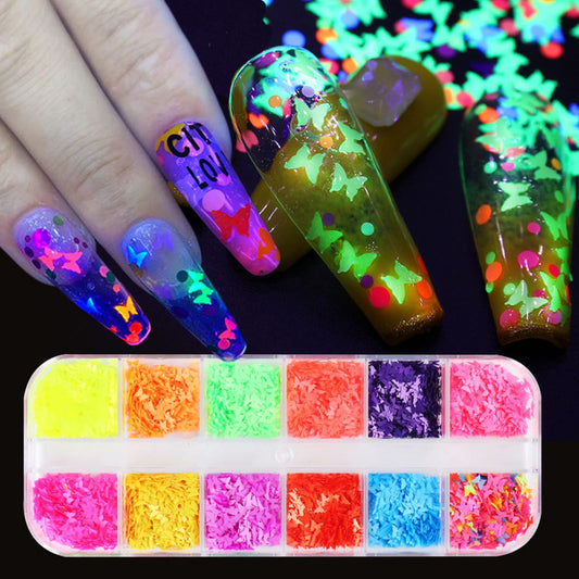 12 Colors 3D Butterfly Nail Sequins Luminous Butterflies Nail Art Design Holographic Butterflies Shape Flakes for Nail Decorations Sparkle Colorful Beauty & Personal Care TBRZTR