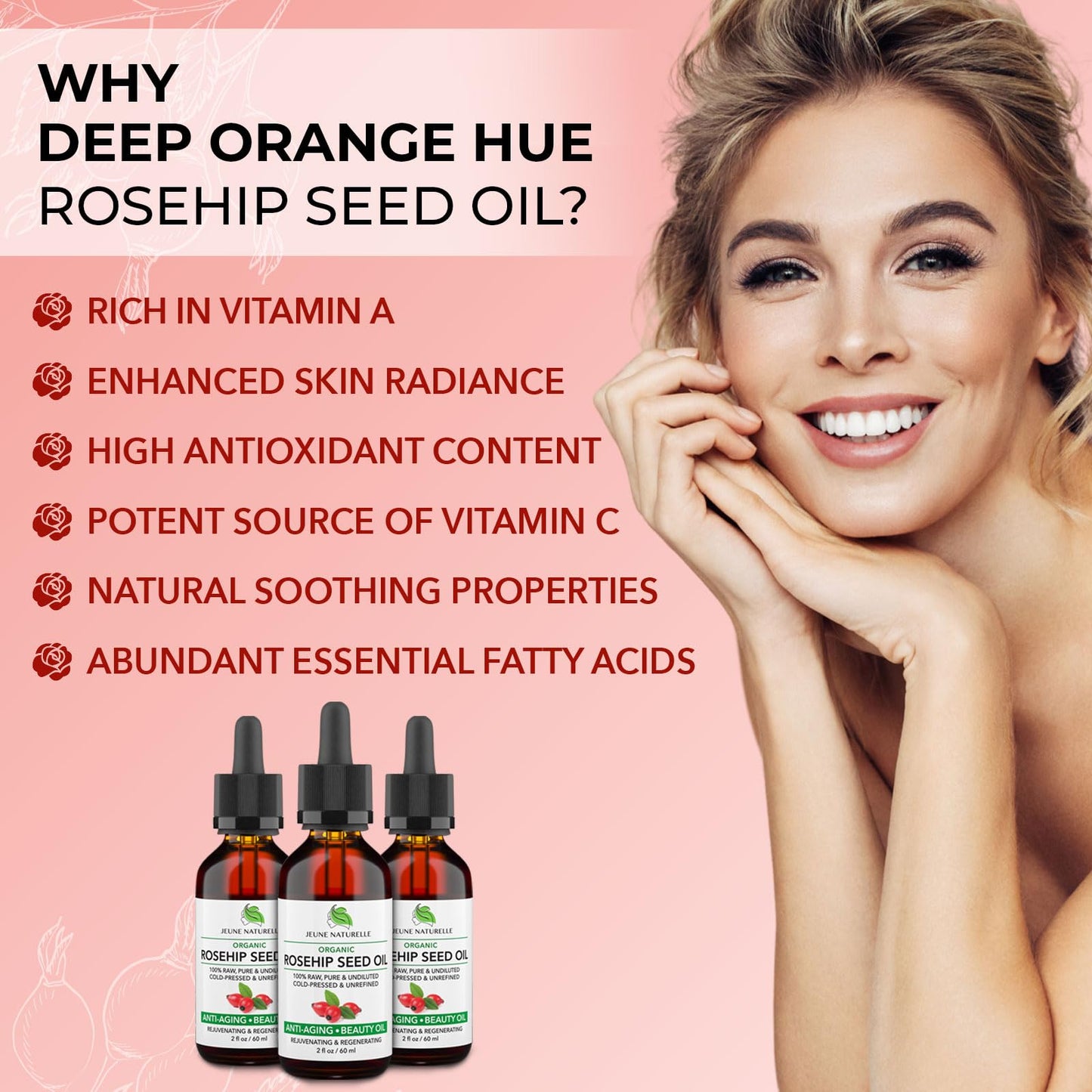 Rosehip Oil - Pure, Virgin, Cold Pressed - From Whole Berries (Pulp & Seeds), Natural Deep Orange Hue for Intensive Skin Repair - Undiluted Organic Beauty & Personal Care Jeune Naturelle