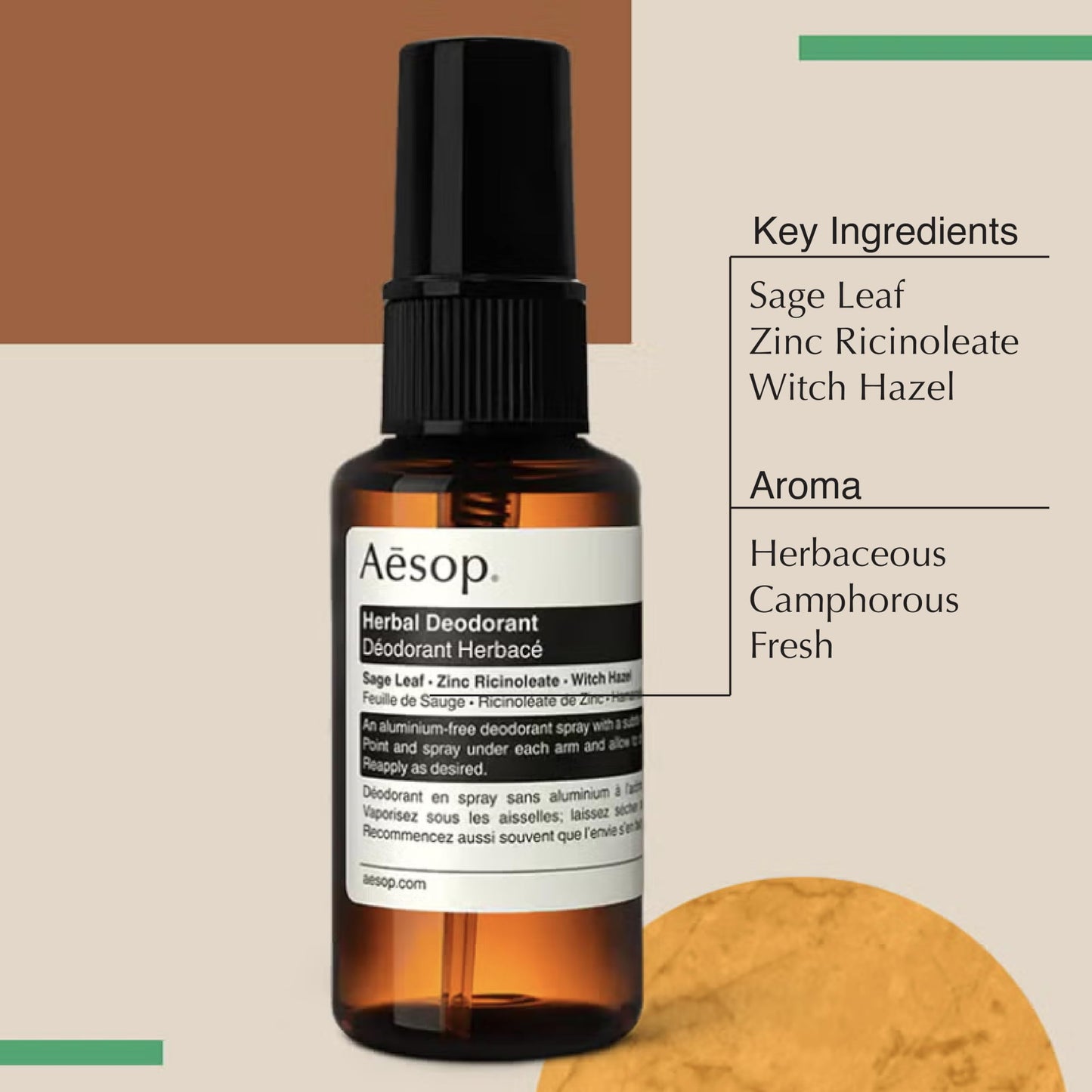 Aesop Aluminum Free Herbal Deodorant Spray for Women & Men - Sage Leaf and Zinc to Reduce Odor and Bacteria + Witch Hazel Soothes Skin - Vegan Beauty and Personal Care Aesop