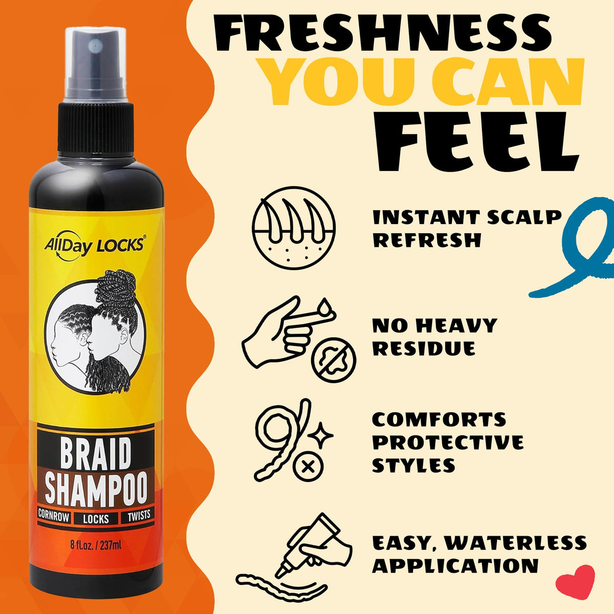 AllDay Locks Braid Shampoo, No Rinse Spray, Cleanses Buildup, 8 Oz Bottle