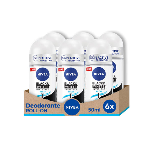 NIVEA Black & White Invisible Fresh Roll-On Deodorant 6-Pack Bundle, Gentle Daily Underarm Care with Light Refreshing Scent, 1.7 fl oz Each (50 ml) Beauty and Personal Care NIVEA