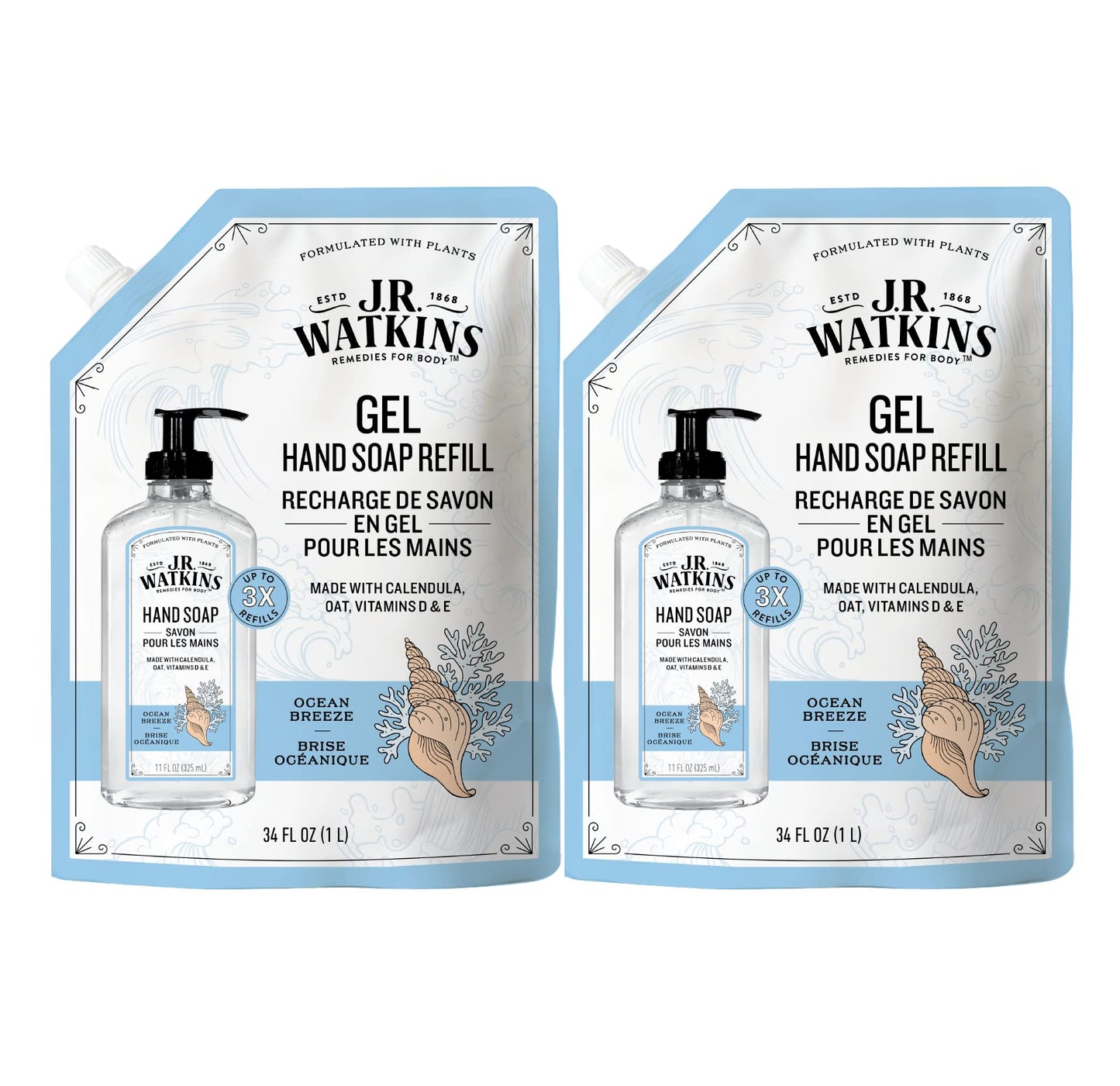 J.R. Watkins Gel Hand Soap Refill Pouch, Scented Liquid Hand Wash for Bathroom or Kitchen, USA Made and Cruelty Free, 34 fl oz, Ocean Breeze, 2 Pack Beauty & Personal Care J.R. Watkins