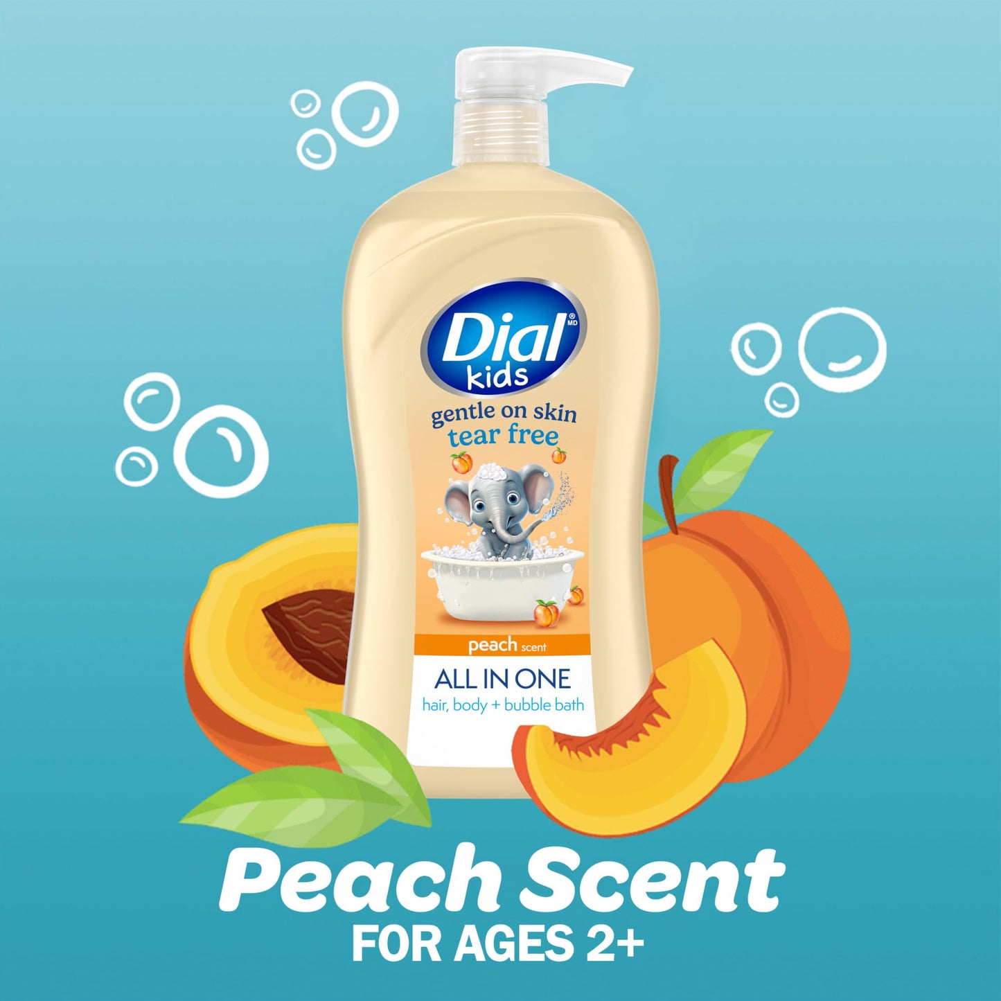 Dial Kids All-in-1 Body + Hair + Bubble Bath, Peach Scent, 32 Fl Oz, Hypoallergenic Body Wash & Shampoo, No Tears Formula for Kids 2+ Years, No Beauty & Personal Care Dial