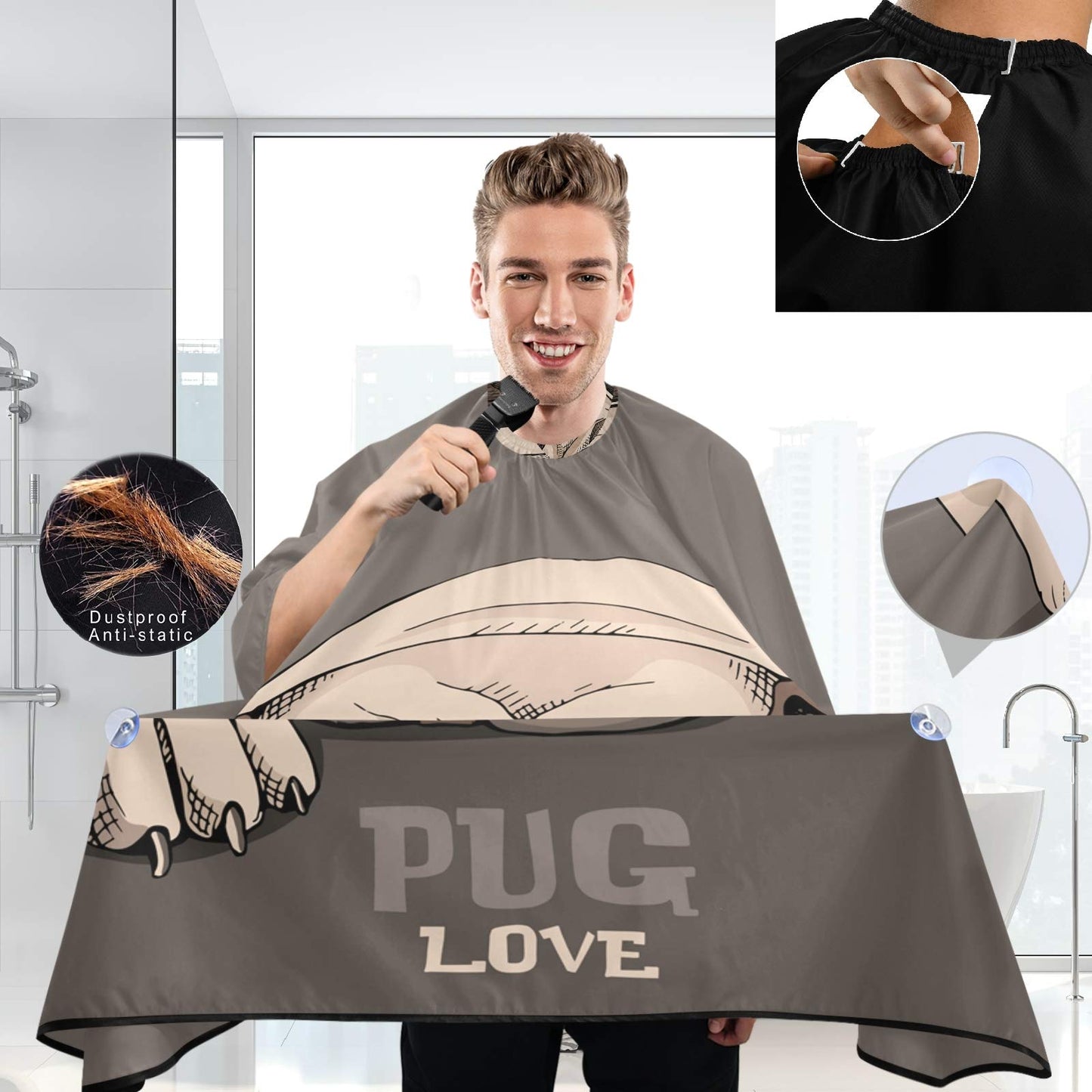 visesunny Barber Cape Pug Puppy Cartoon Animal Polyester Hair Cutting Salon Cape Apron Anti-Static Haircut Shaving Cloth Beard Shaving Bib Beauty and Personal Care visesunny
