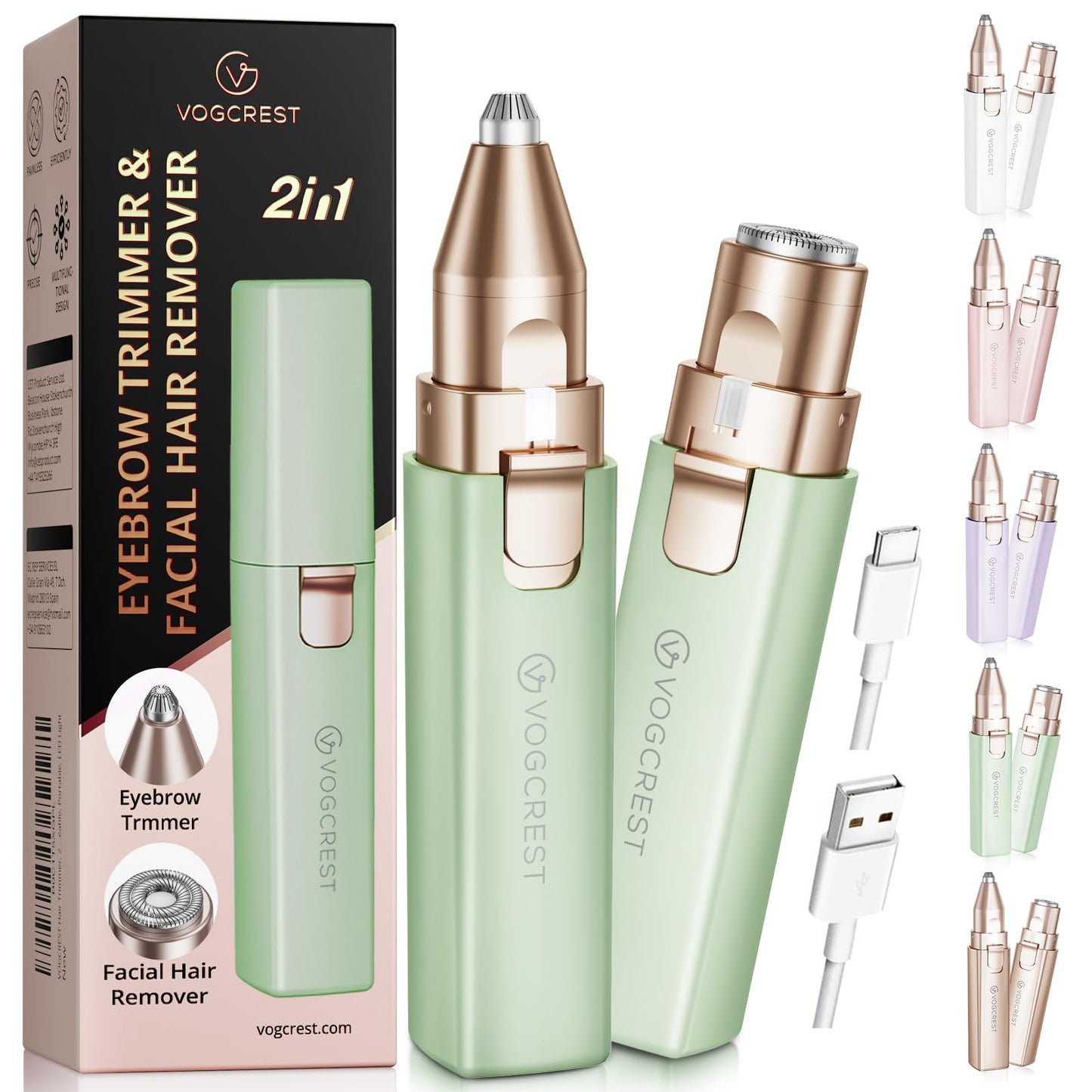 VOGCREST Hair Trimmer, 2 in 1 Facial Hair Remover & Eyebrow Trimmer for Women - Rechargeable, Portable, LED Light Beauty & Personal Care VG VOGCREST