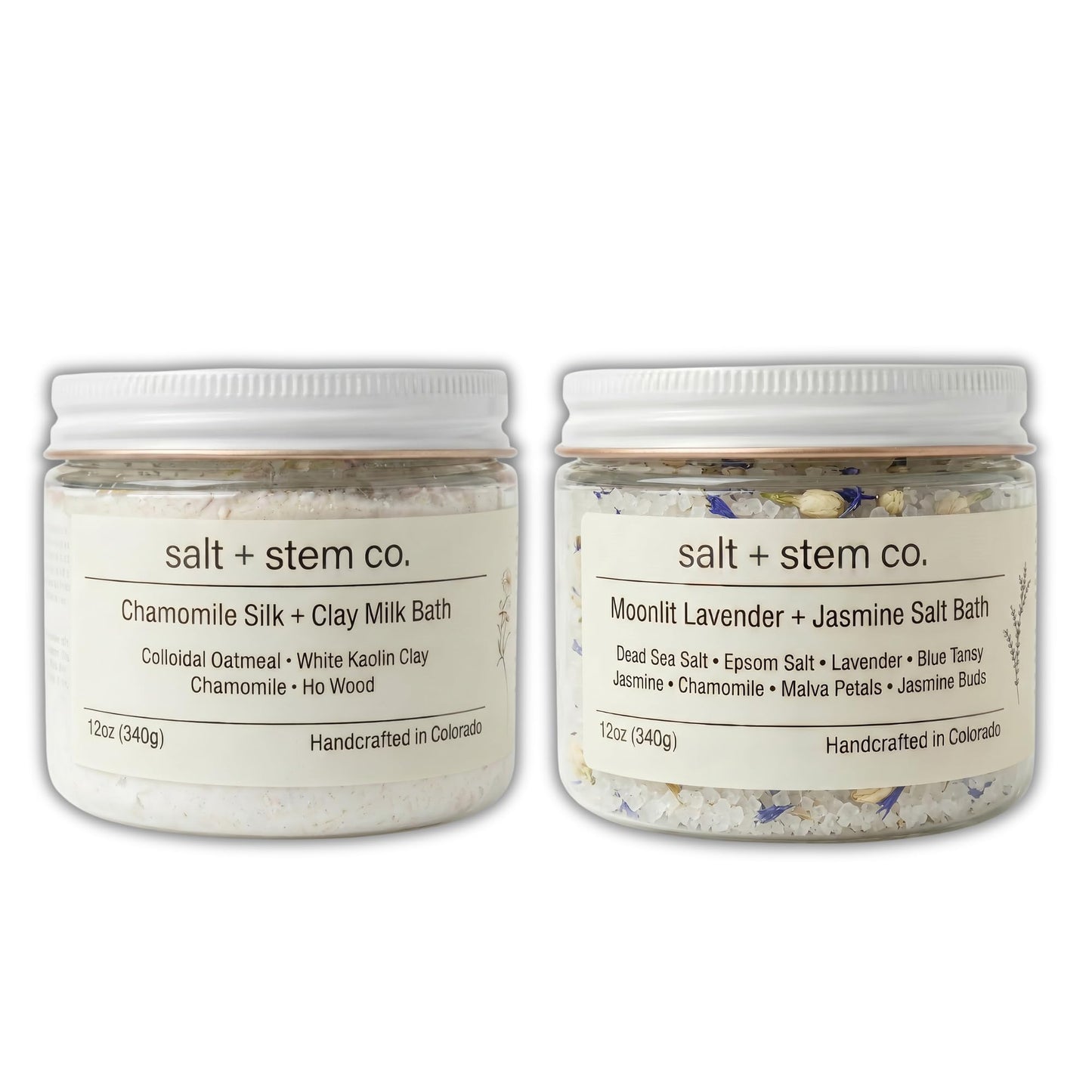 Bath Ritual Duo - Handcrafted Salt Bath and Milk Bath Set - Moonlit Lavender + Jasmine - Chamomile Silk + Clay Beauty and Personal Care salt + stem co.