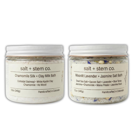 Bath Ritual Duo - Handcrafted Salt Bath and Milk Bath Set - Moonlit Lavender + Jasmine - Chamomile Silk + Clay Beauty and Personal Care salt + stem co.