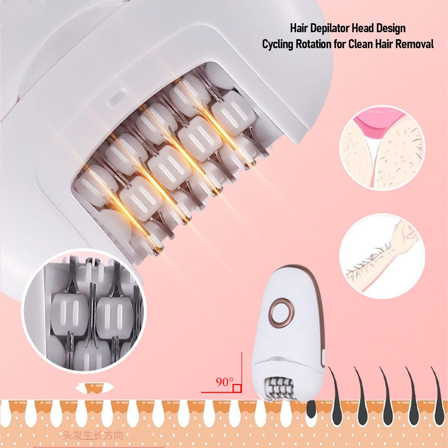 ZJchao 3 in 1 Hair Removal Device, Hair Removal Epilator for Women, Women Depilator IPX4 Water Proof Electric Epilator Trimmer with Foot File Head Beauty and Personal Care ZJchao