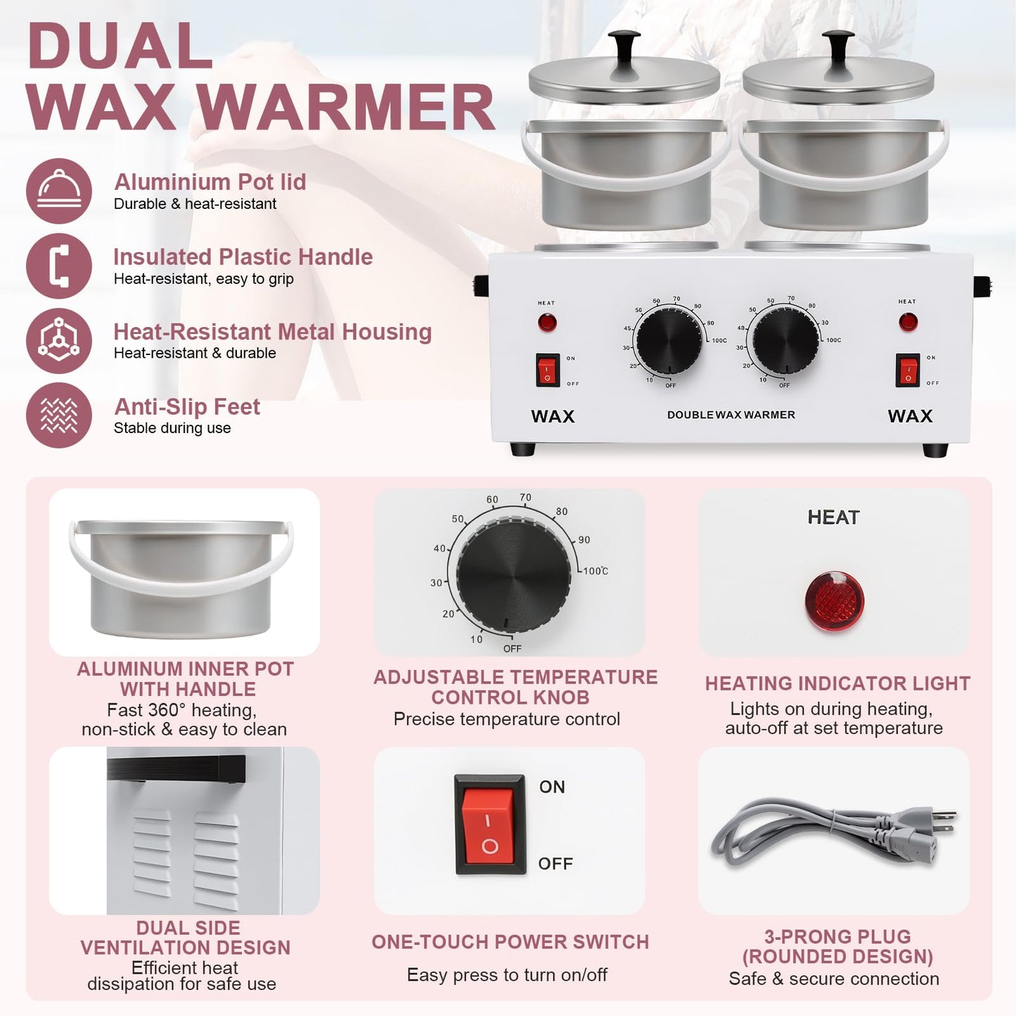 Wax Warmer Double Pot, Professional Electric Heater for Facial, Body, Spa, and Salon, 1.2L Dual Adjustable Temperature with 100 Wooden Craft Sticks Beauty and Personal Care Podoy