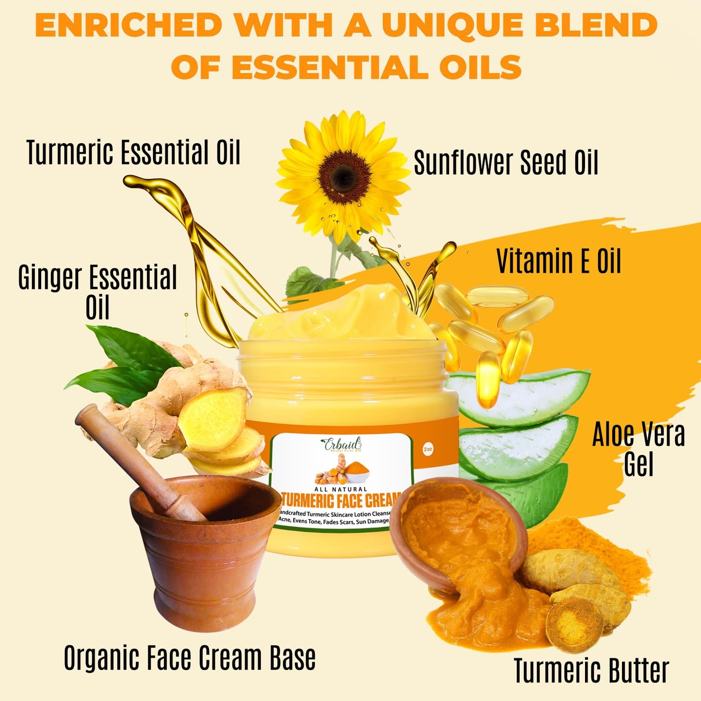 Erbaid Turmeric Face Cream for Face & Body - All Natural Turmeric Skin Brightening Lotion - Turmeric Cleanses Skin, Fights Acne, Evens Tone, Fades Beauty & Personal Care Erbaid